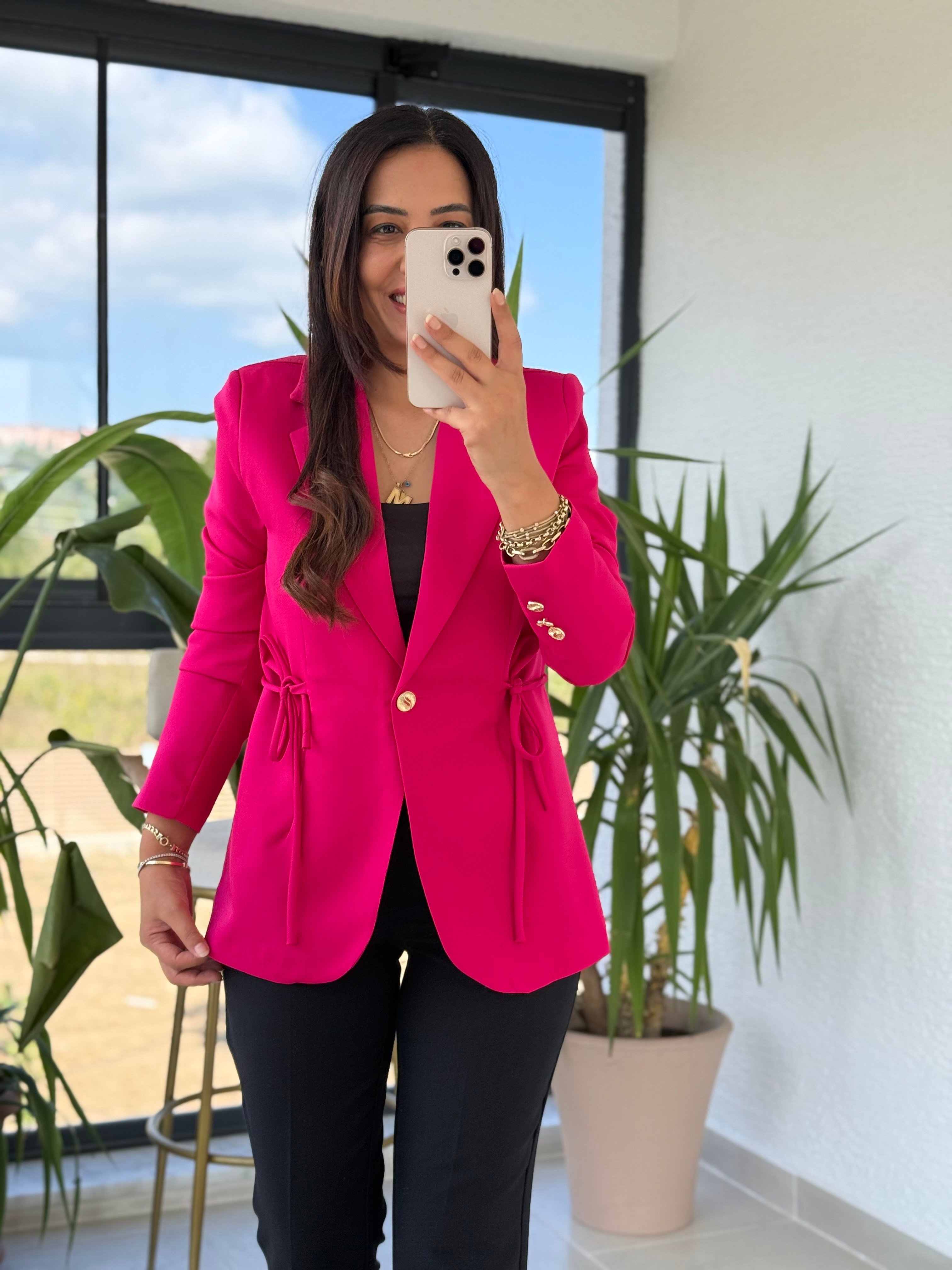 Yanı Bağcıklı Slim Blazer Ceket Fuşya