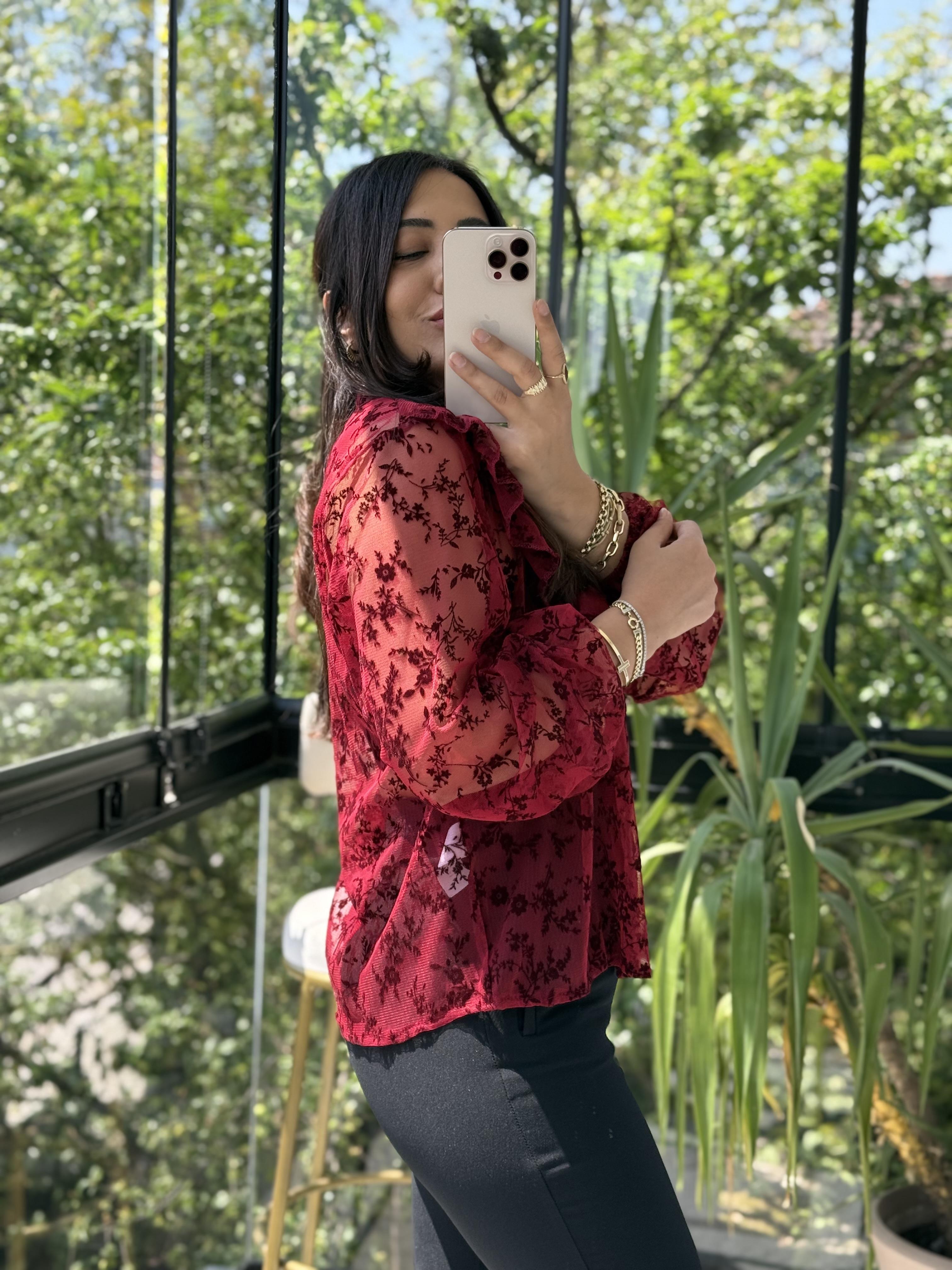Kabartmalı Fırfırlı Tül Bluz Gömlek Bordo