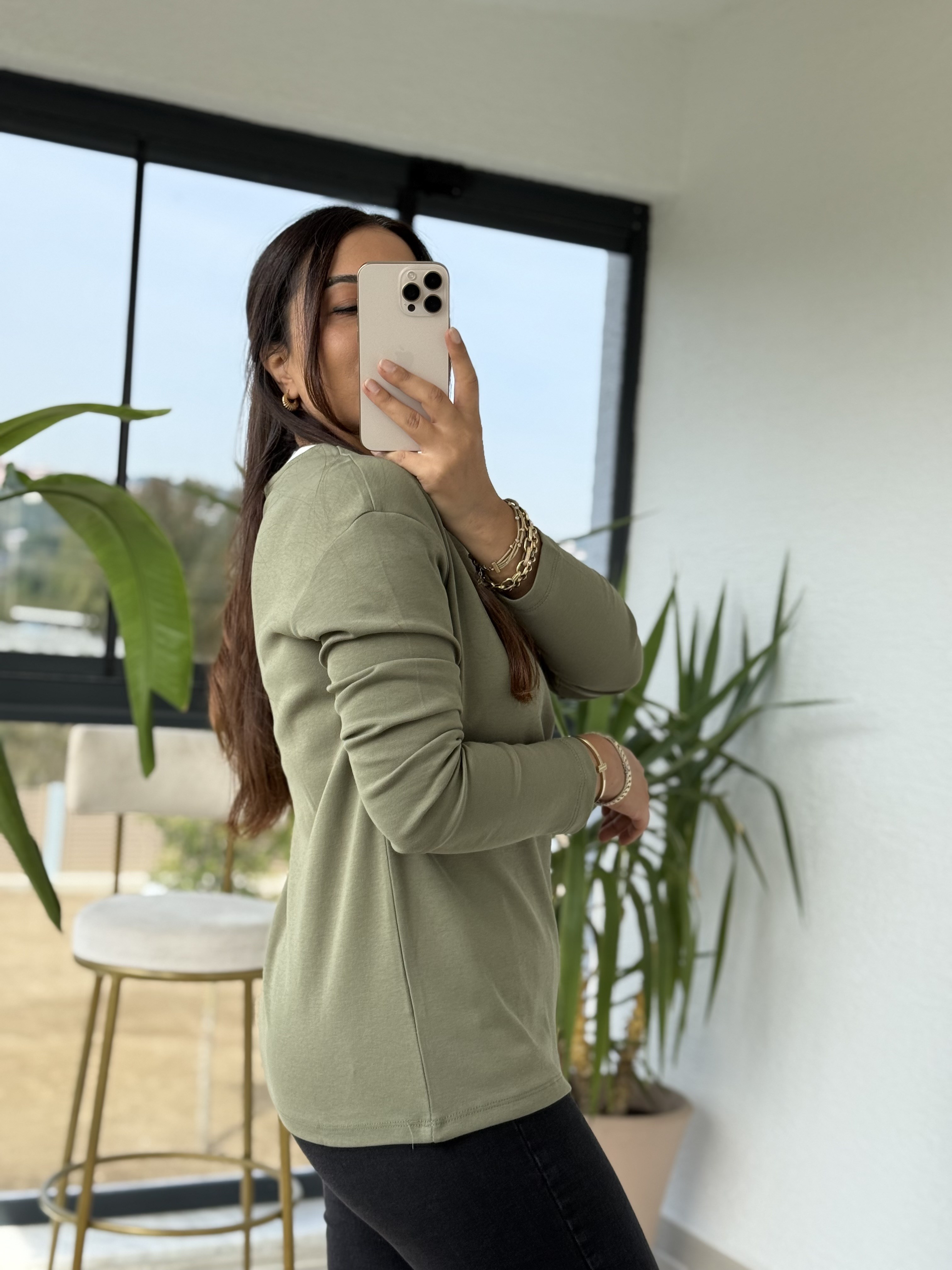Yakası Biyeli Sweat Bluz Haki Yeşili