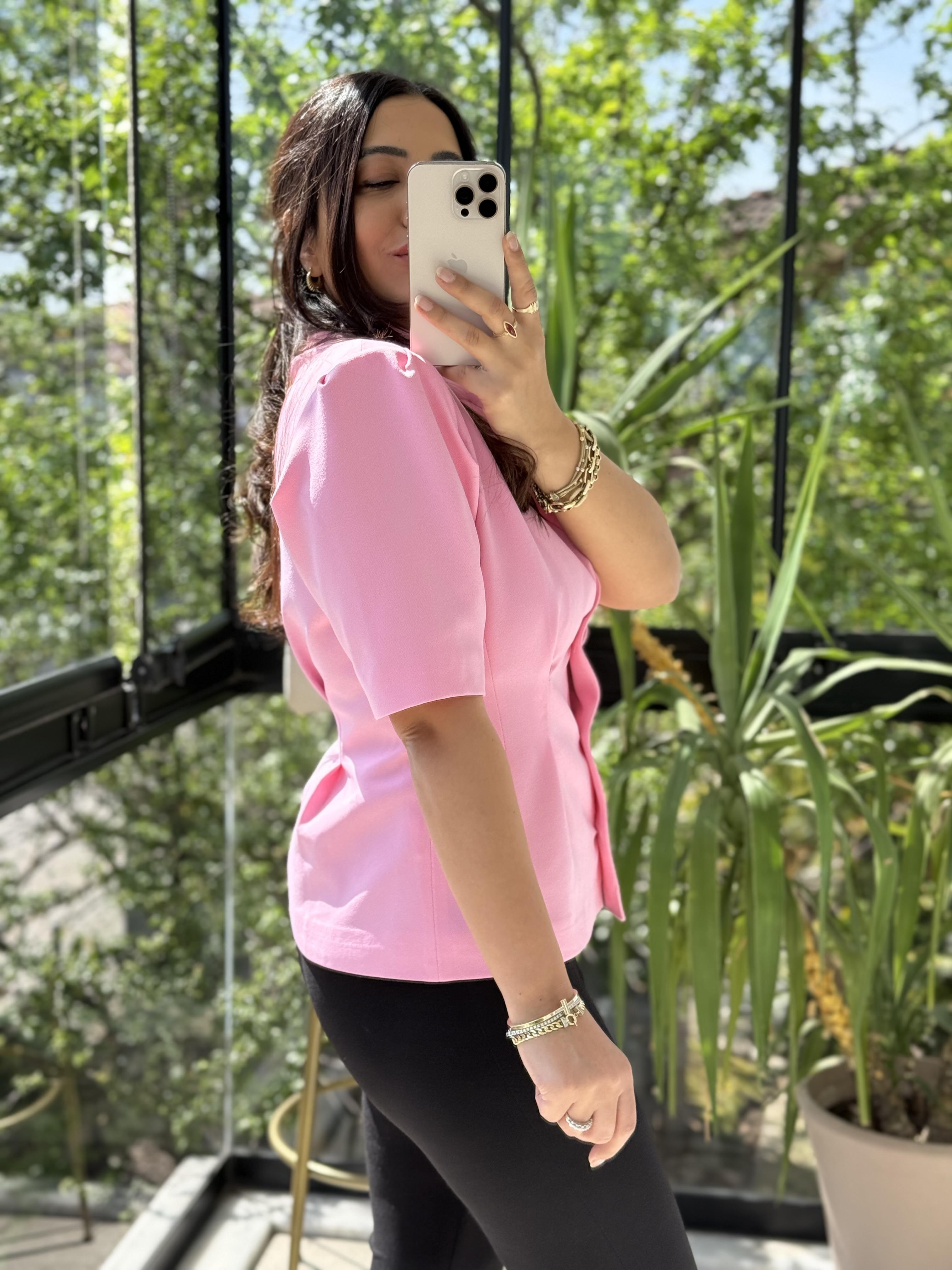 Pileli 3 Düğme Kısa Kol Ceket Pembe