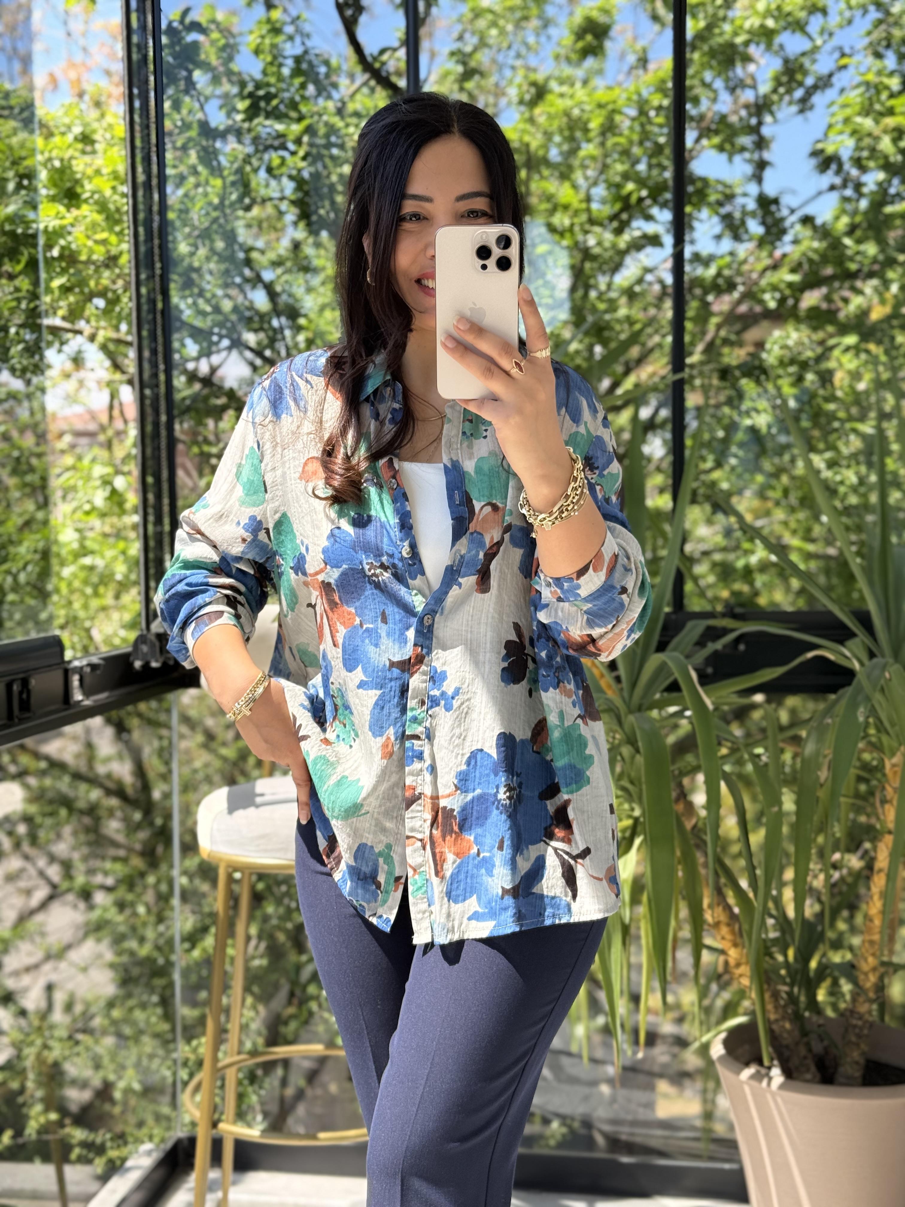 Renk Desenli Gömlek Turkuaz