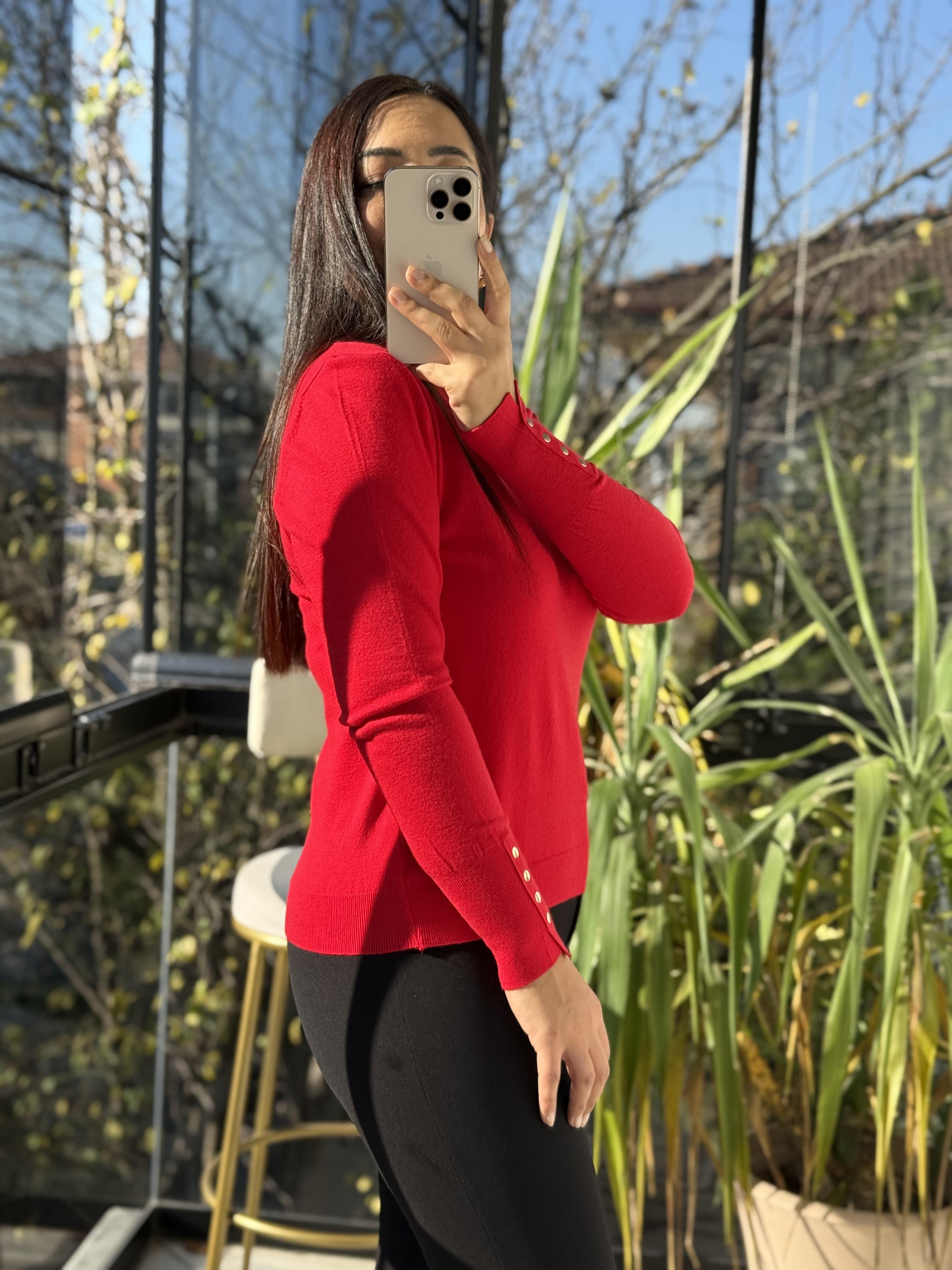 Kol Uçları Droplu Triko Kırmızı