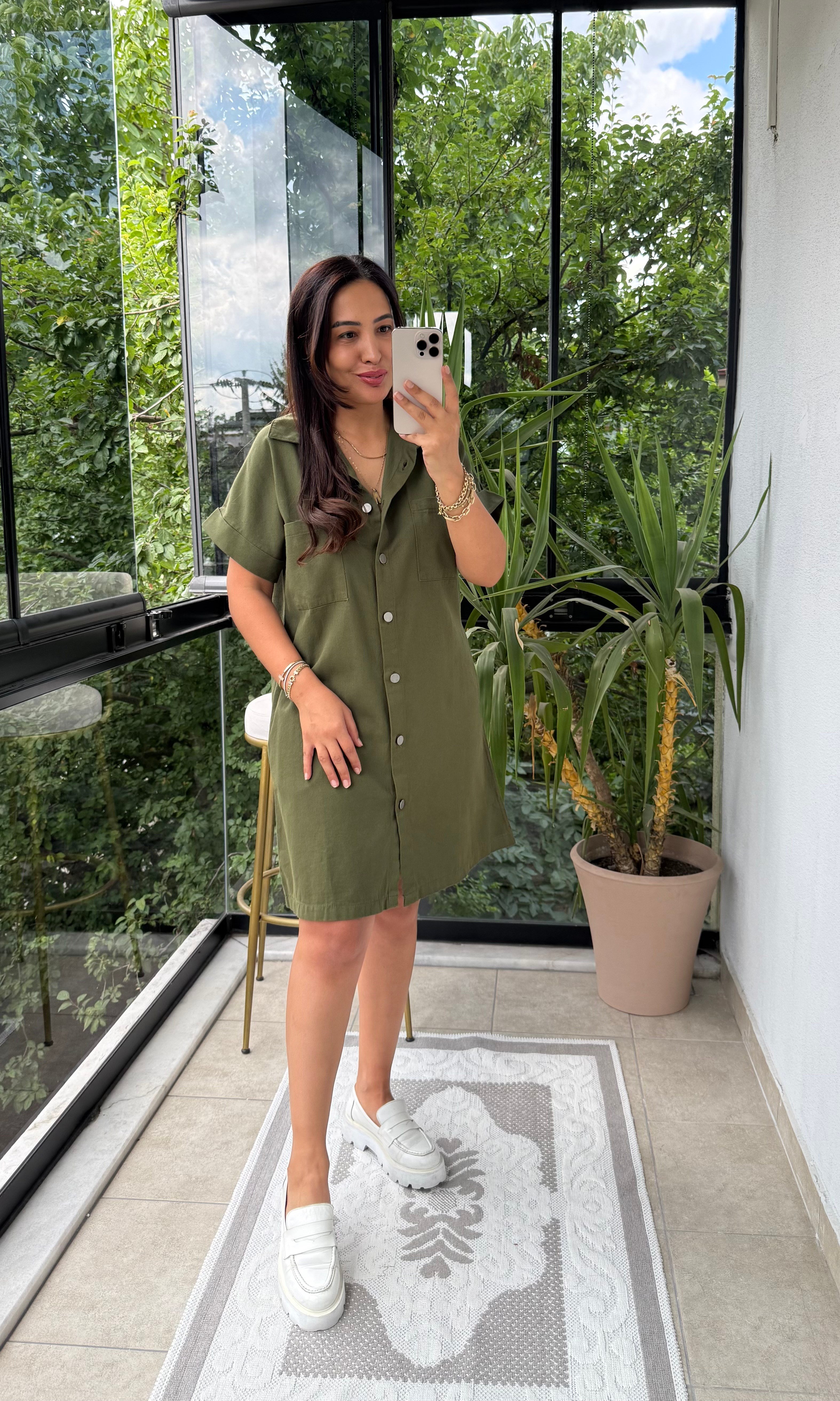 Gabardin Gömlek Yaka Elbise Haki Yeşili