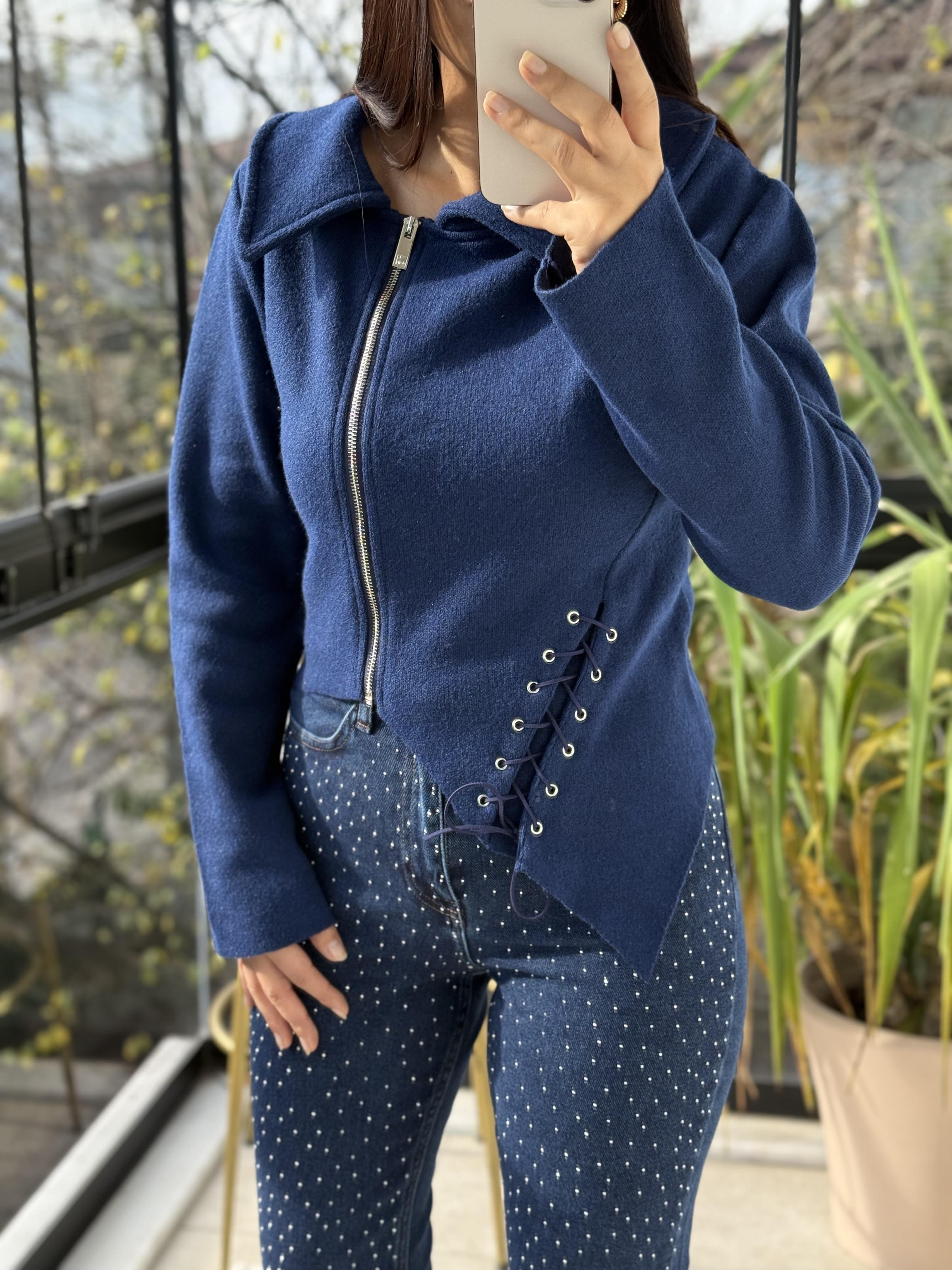 Bağcıklı Yan Yana Triko Ceket Lacivert