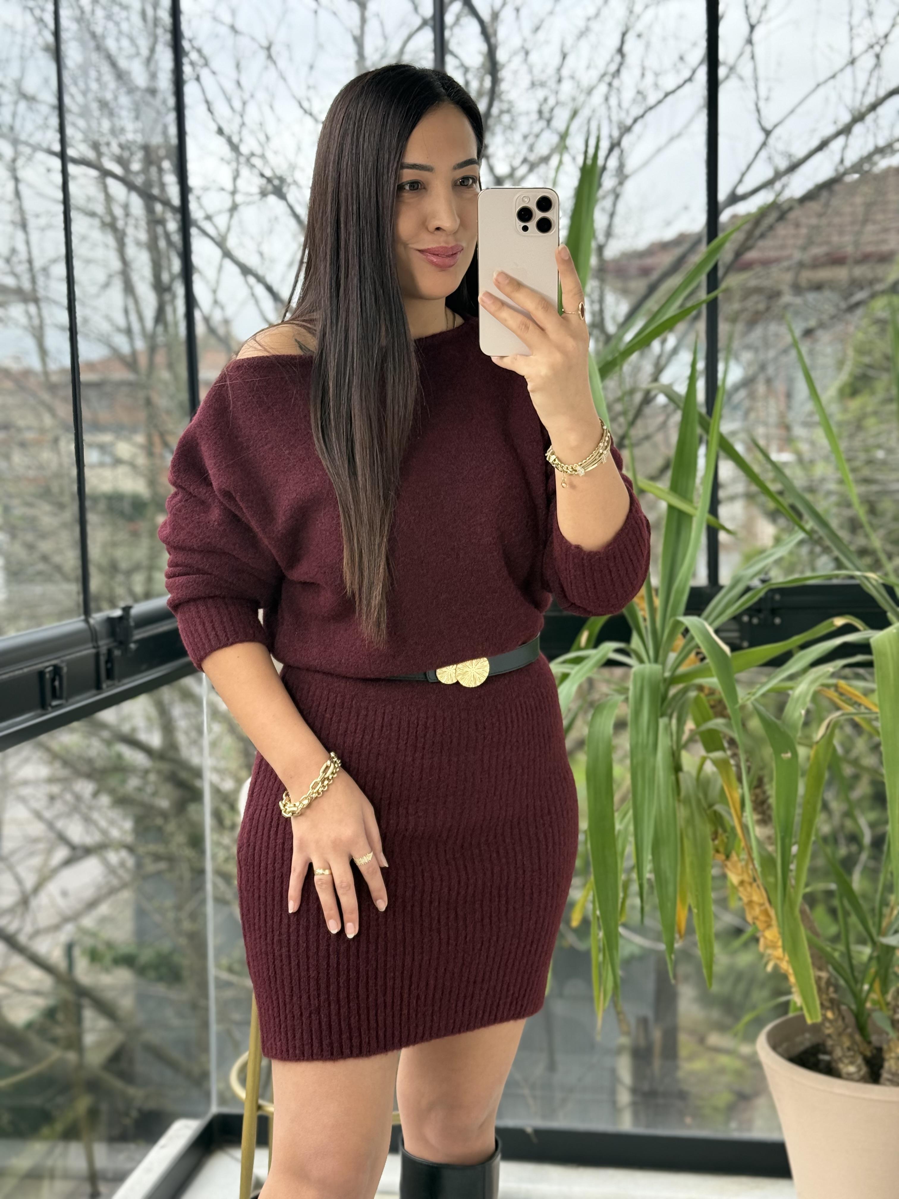 Kısa Kazak Elbise Bordo