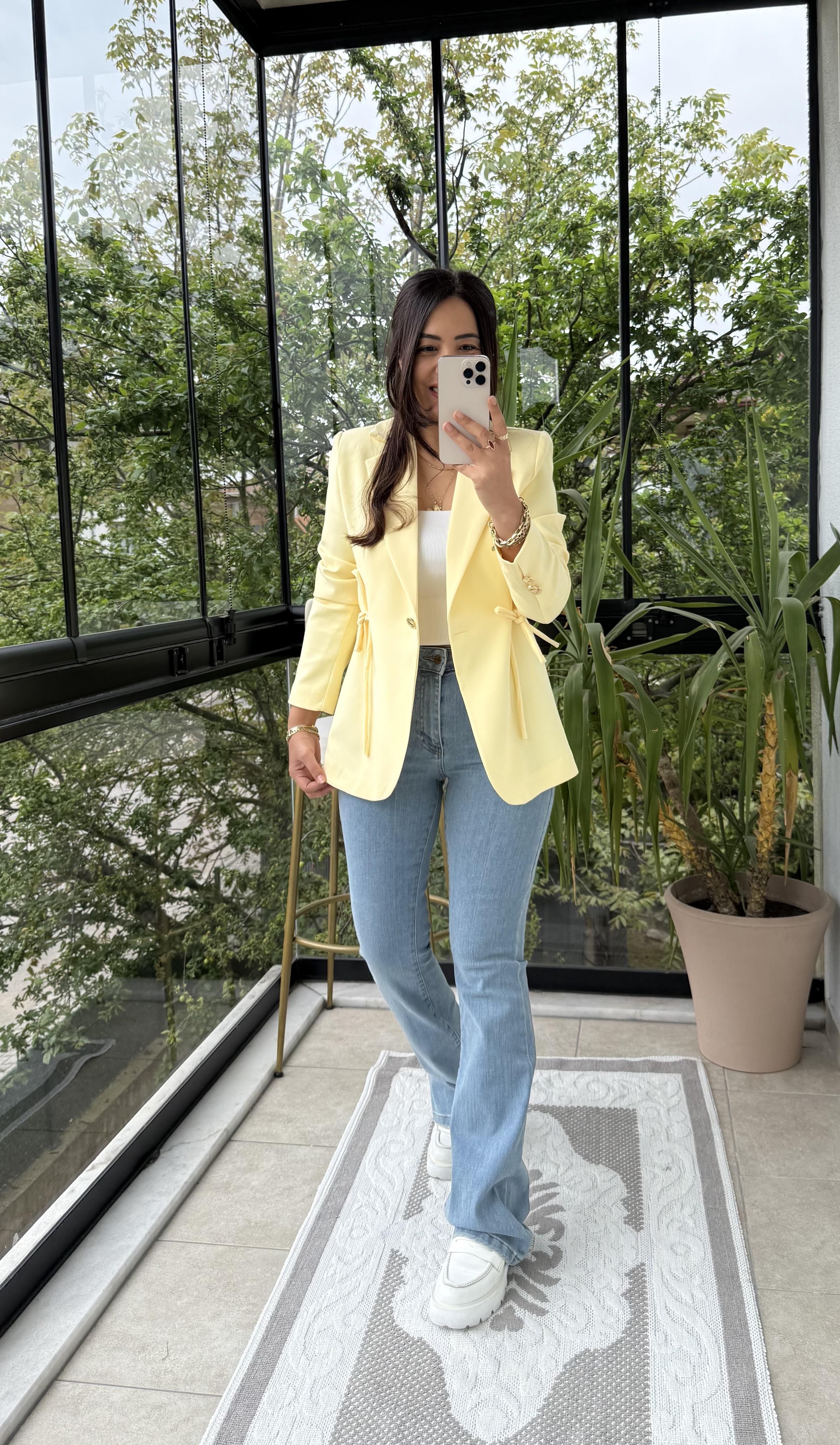 Yanı Bağcıklı Slim Blazer Ceket Sarı