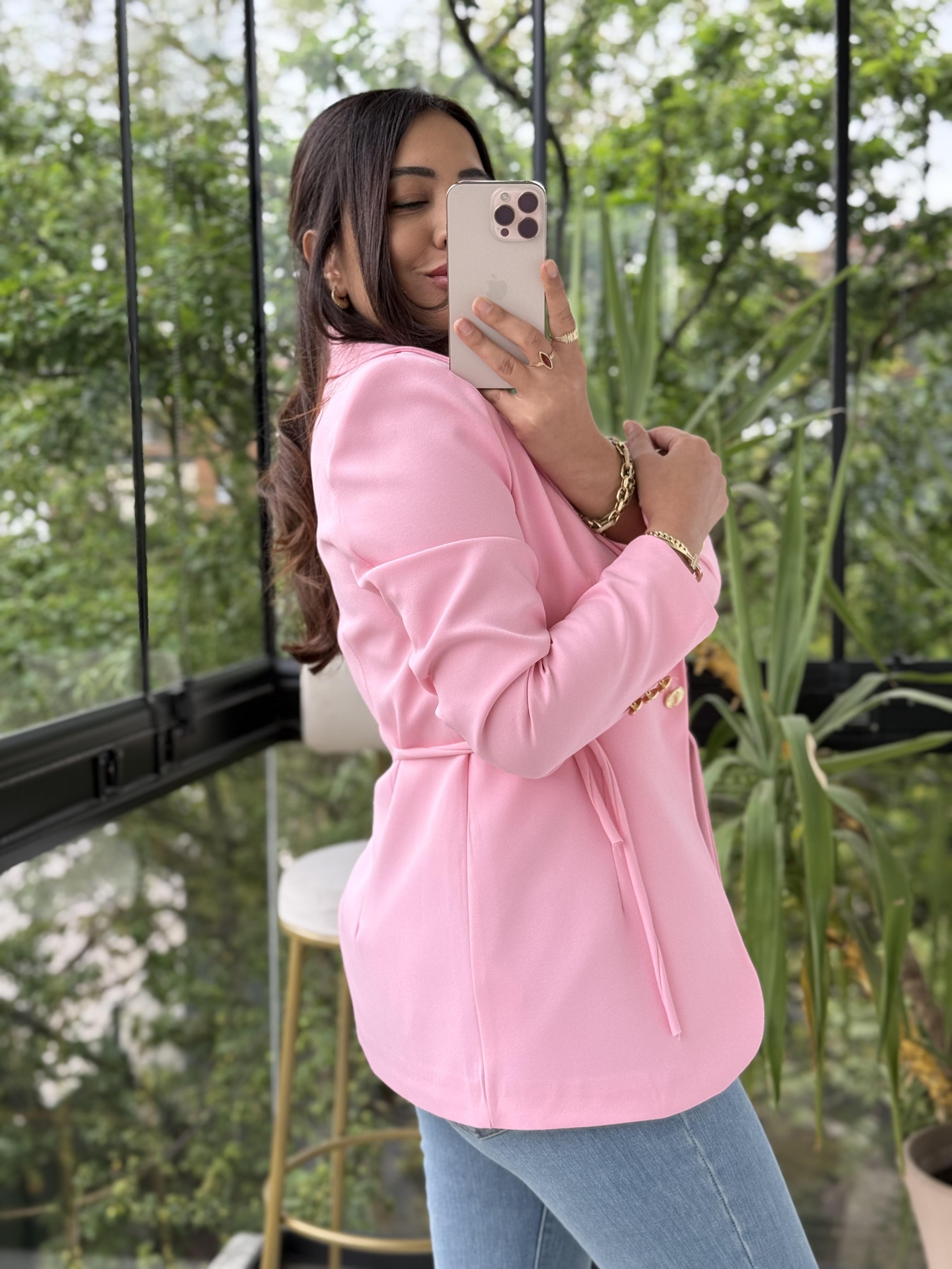 Yanı Bağcıklı Slim Blazer Ceket Pembe