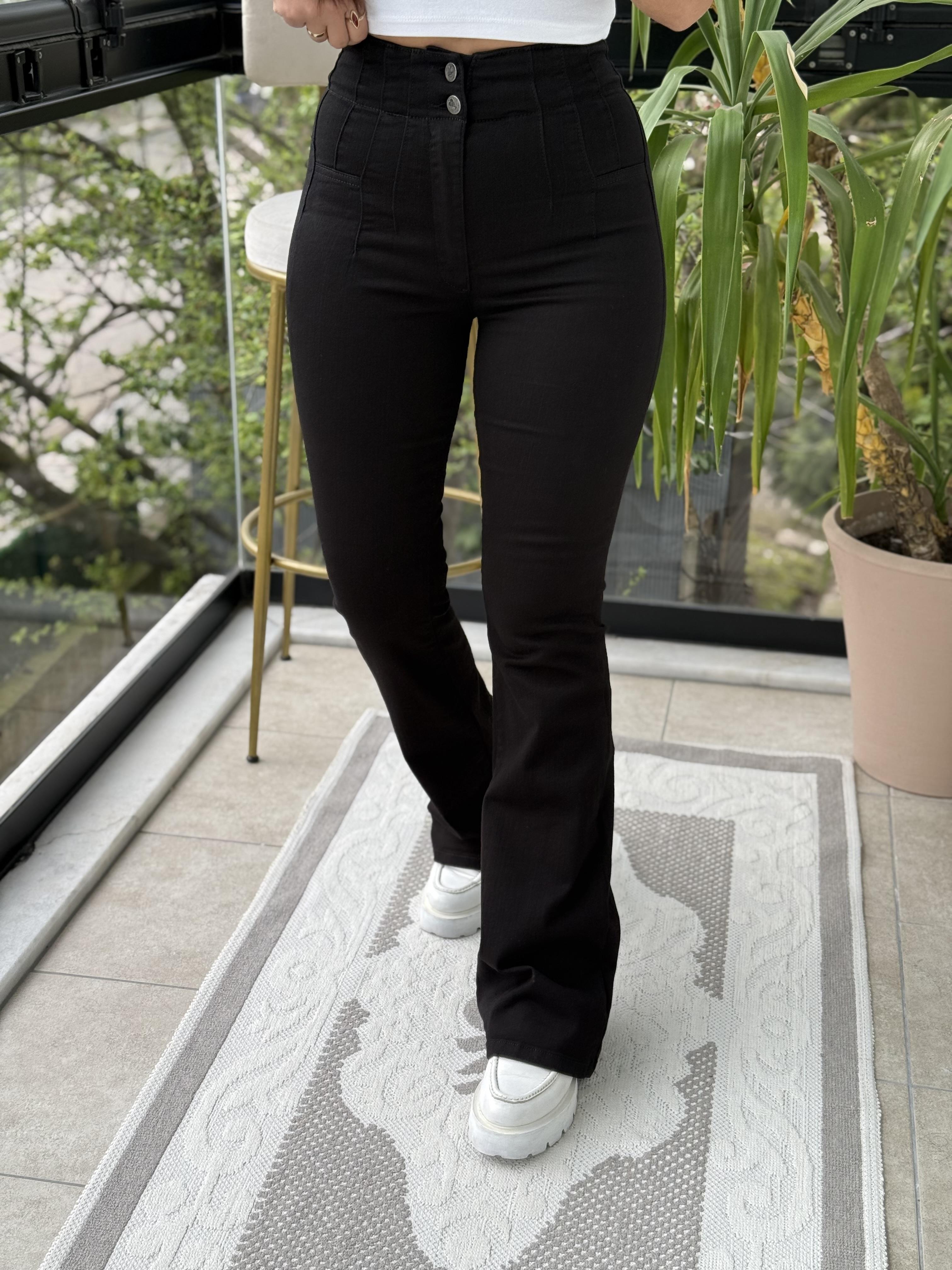 Dikişli Paça Pensli İspanyol Jean Siyah 