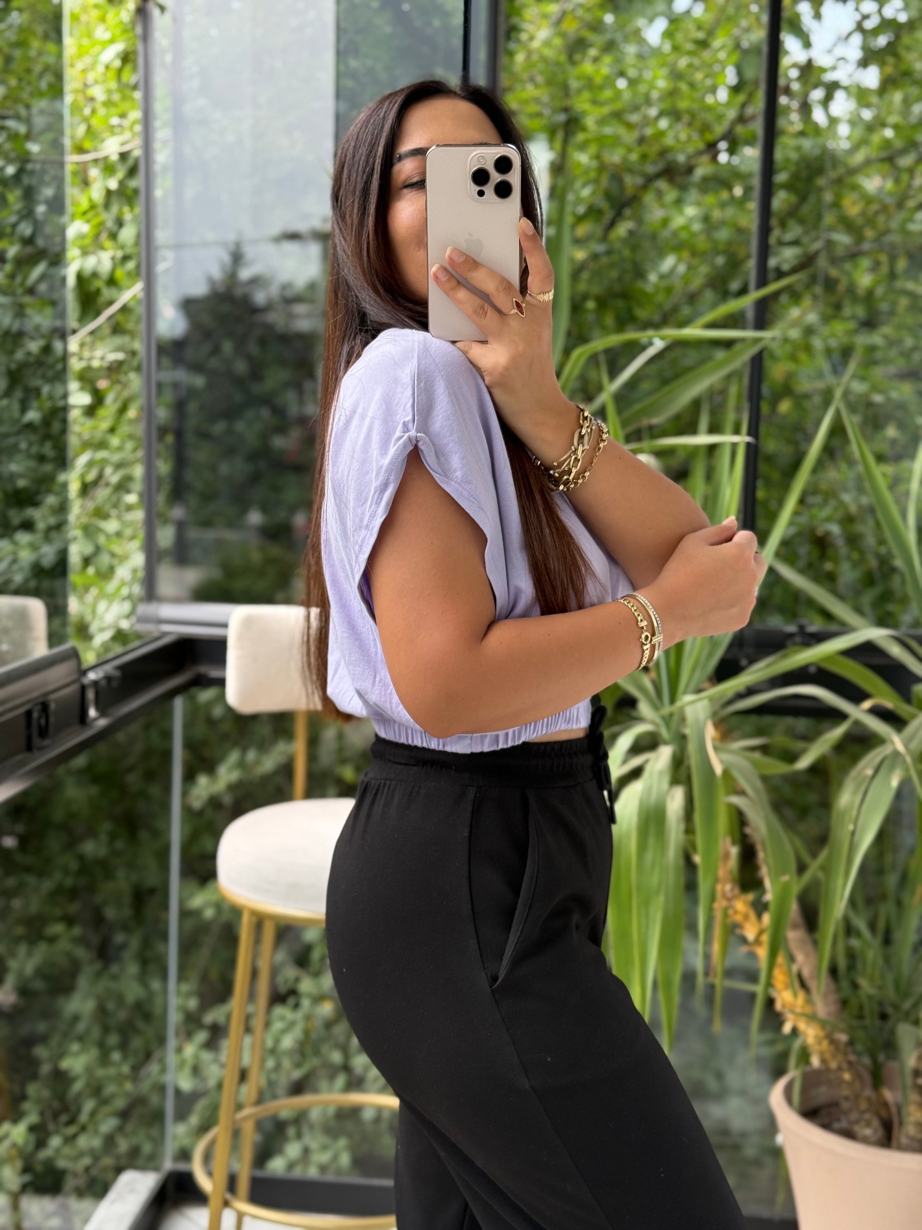 Beli Lastikli Crop Tişört Lila