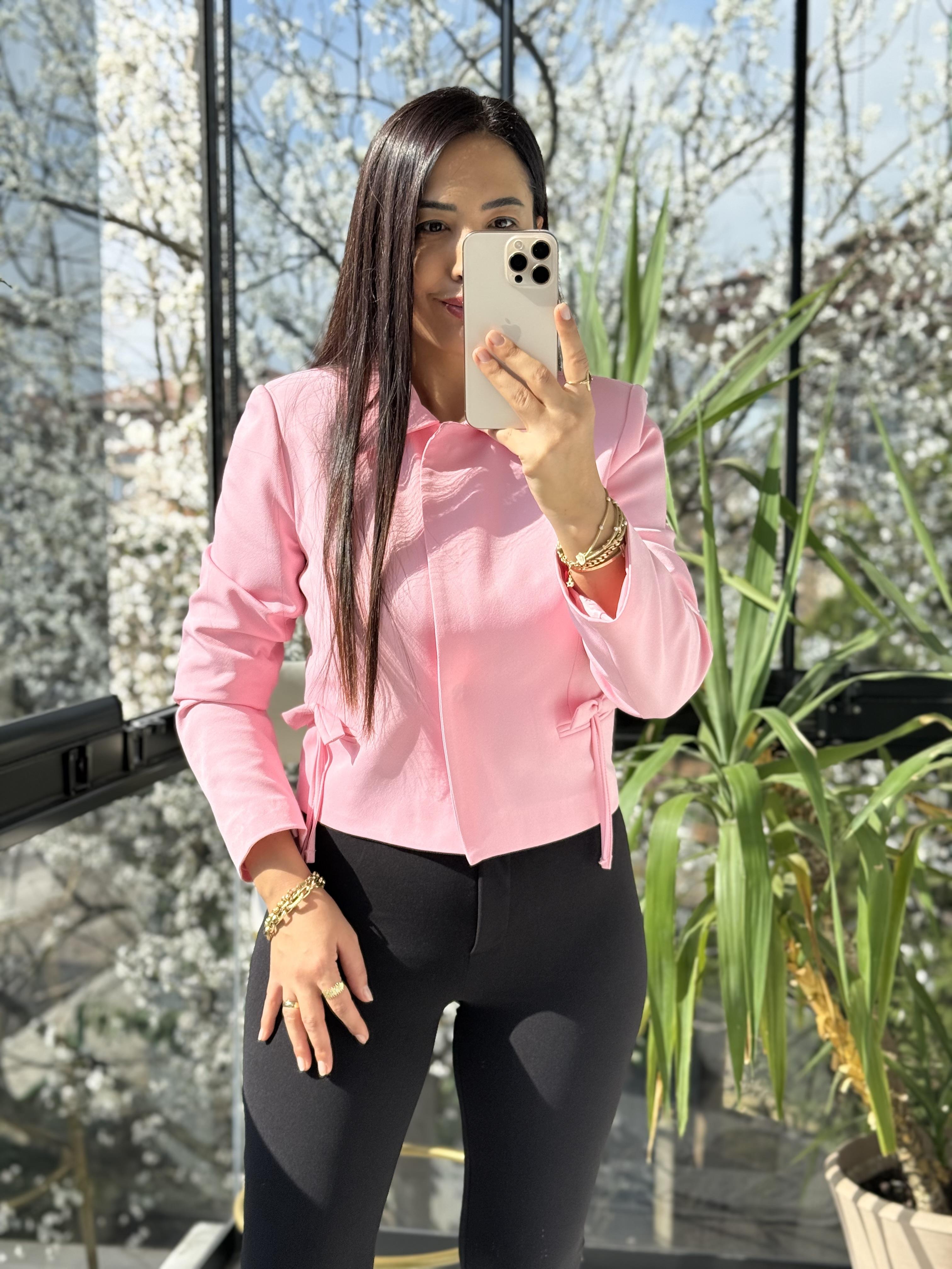 Uzun Kol Fiyonklu Blazer Ceket Pembe