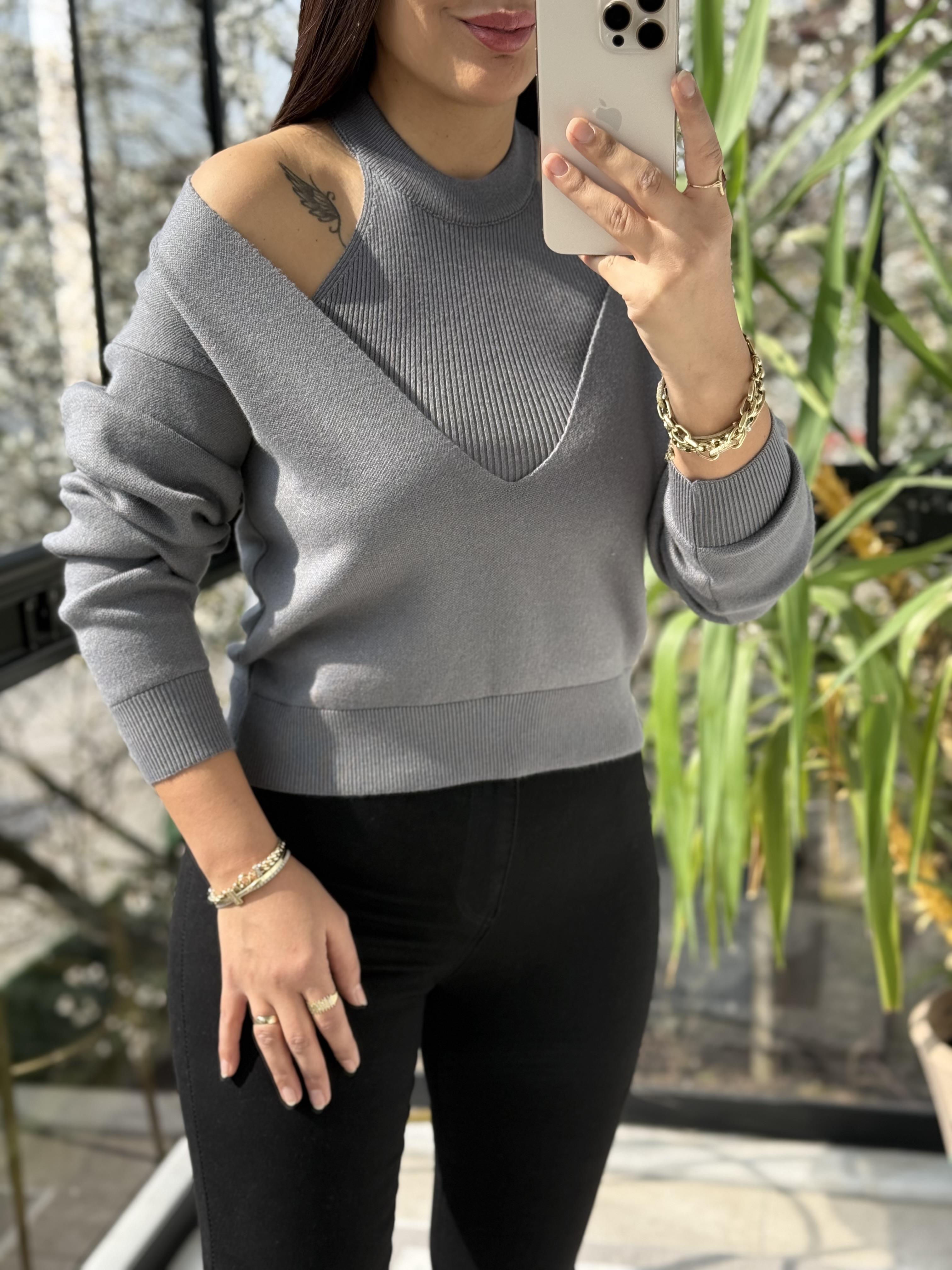 V Detay Atletli Triko Antrasit