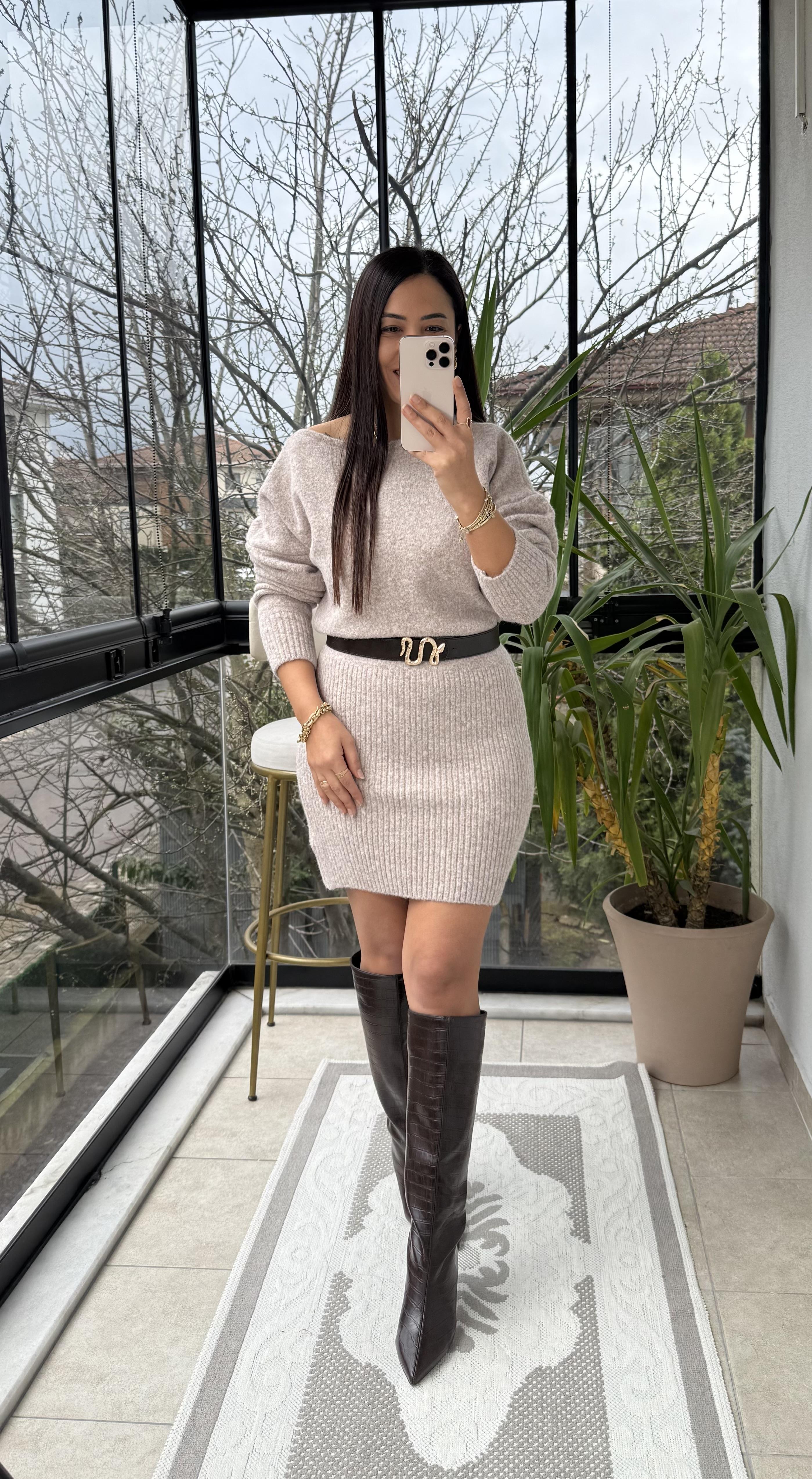 Kısa Kazak Elbise Vizon