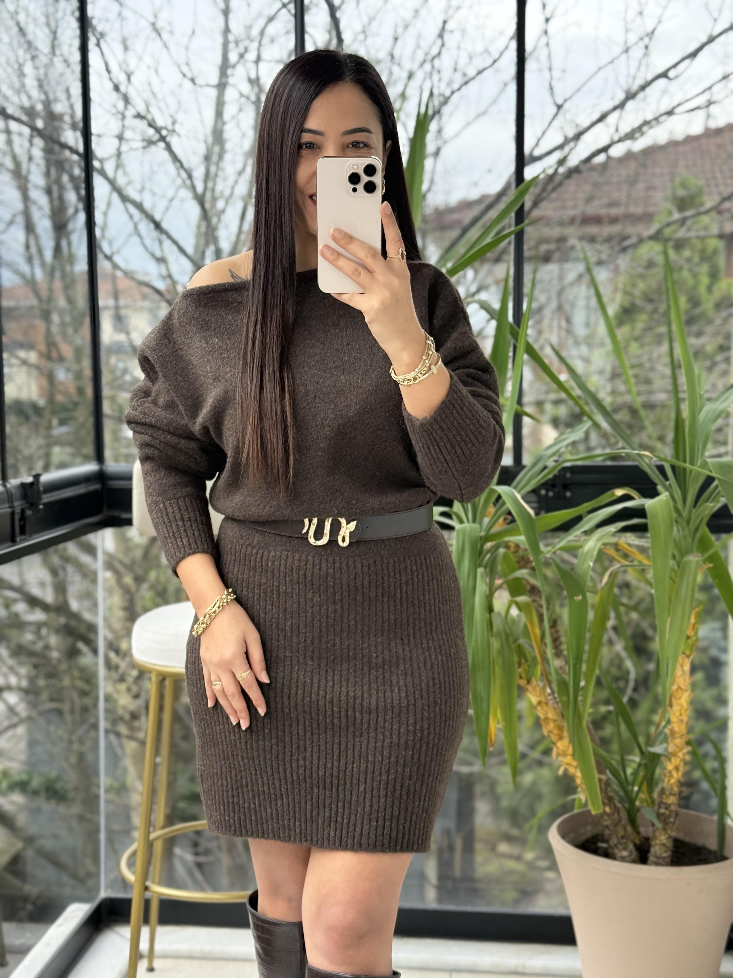 Kısa Kazak Elbise Kahve