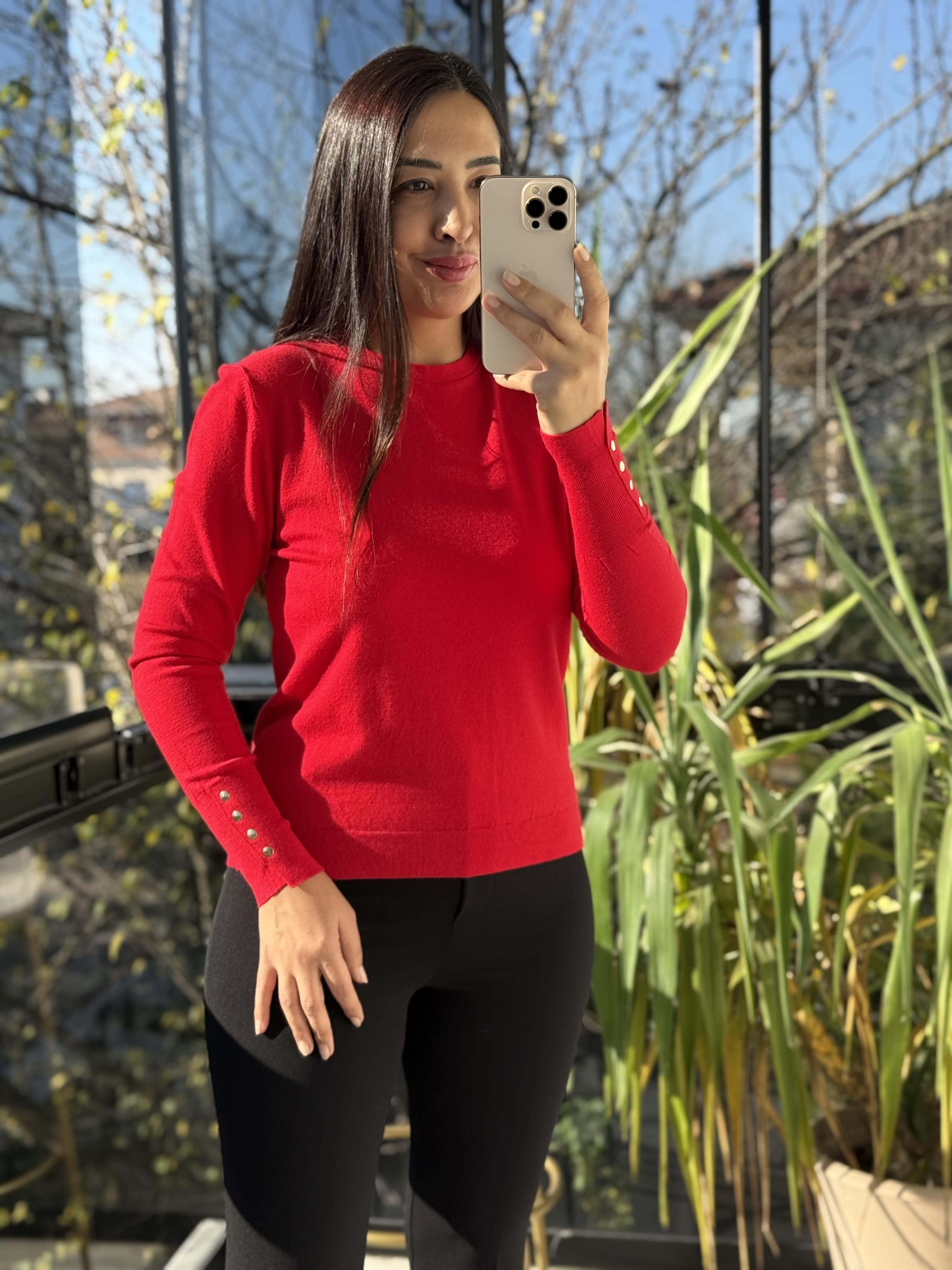 Kol Uçları Droplu Triko Kırmızı