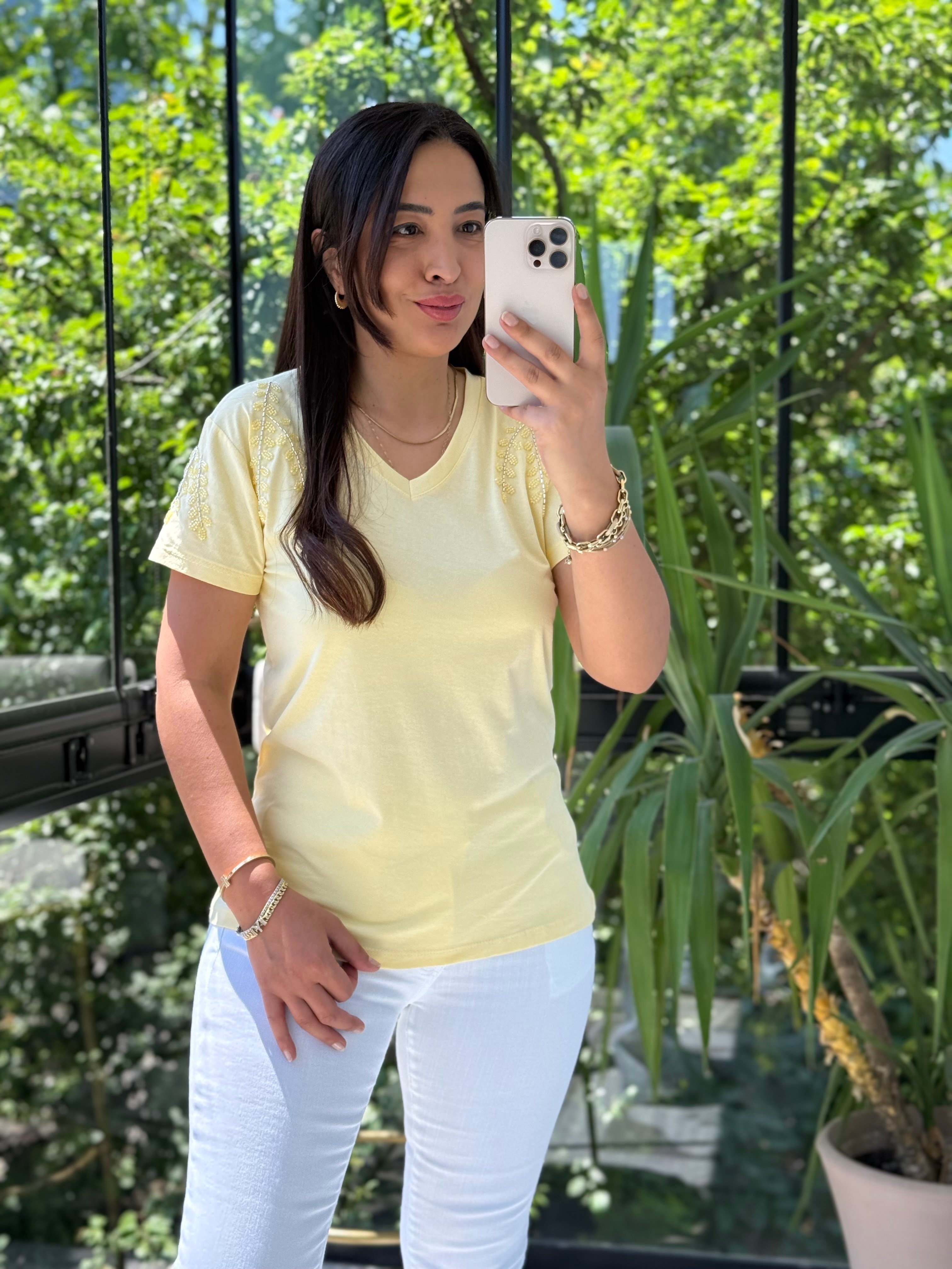 Flora Boncuk Detaylı Tişört Sarı