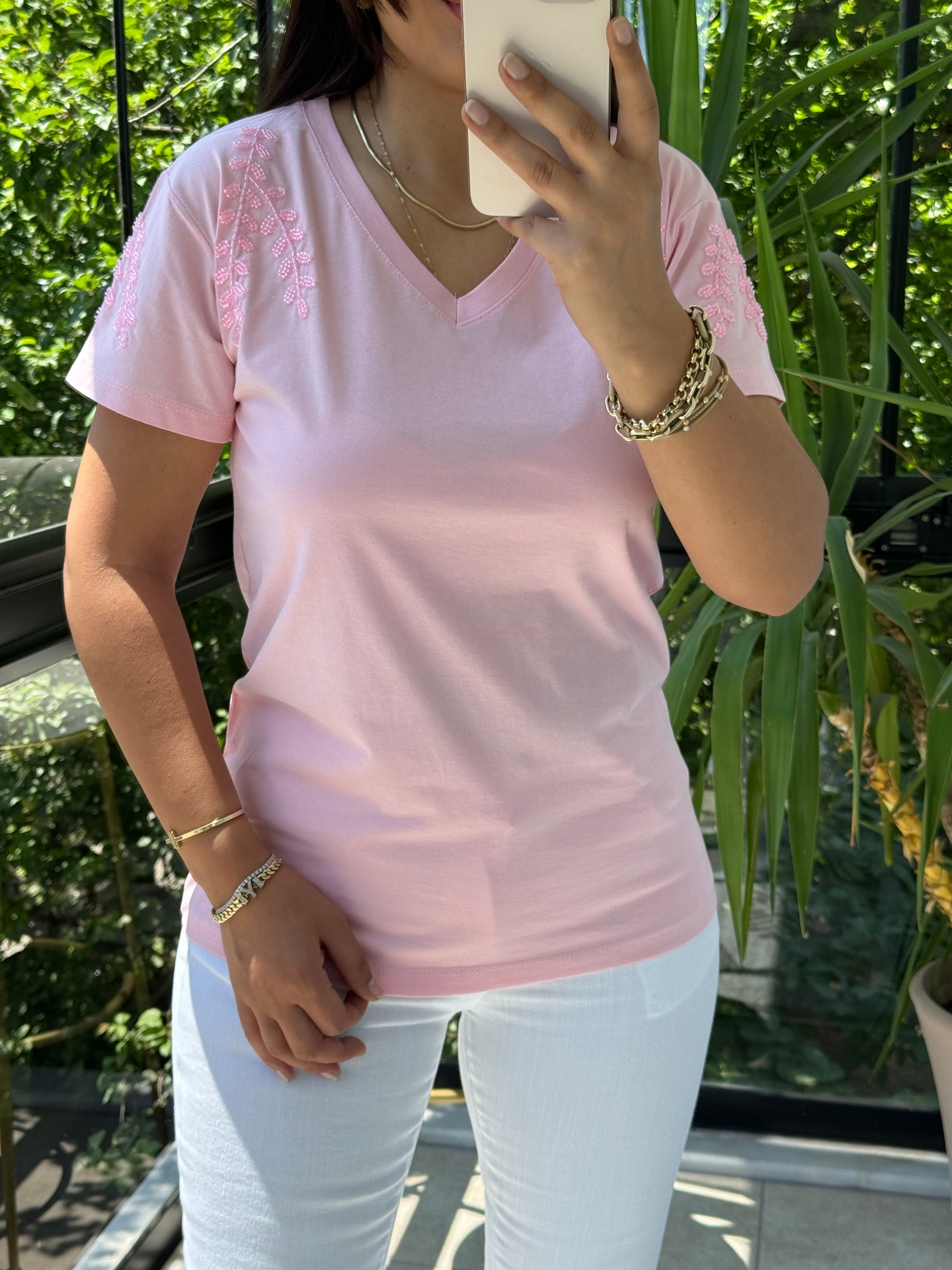Flora Boncuk Detaylı Tişört Pembe