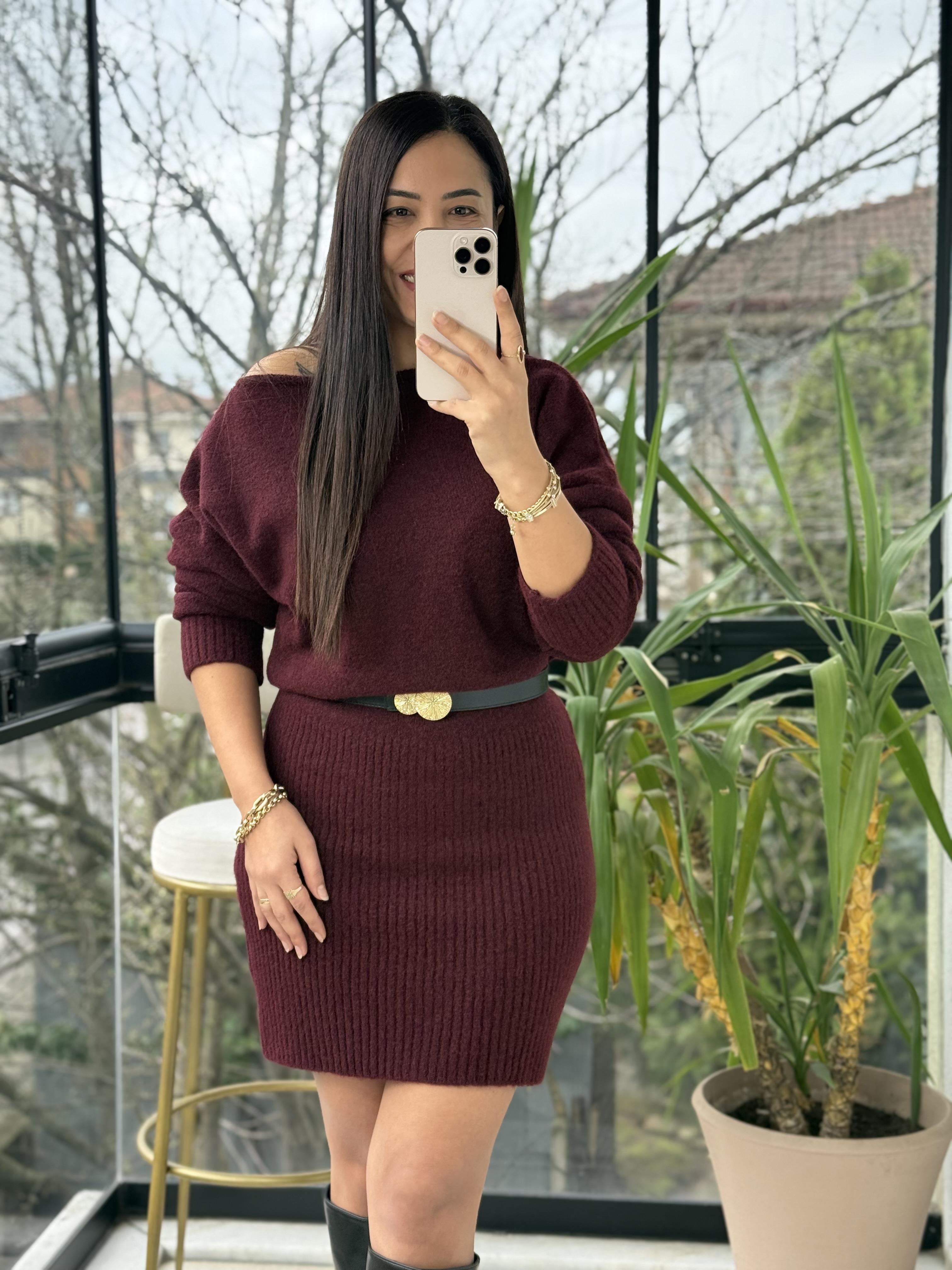 Kısa Kazak Elbise Bordo