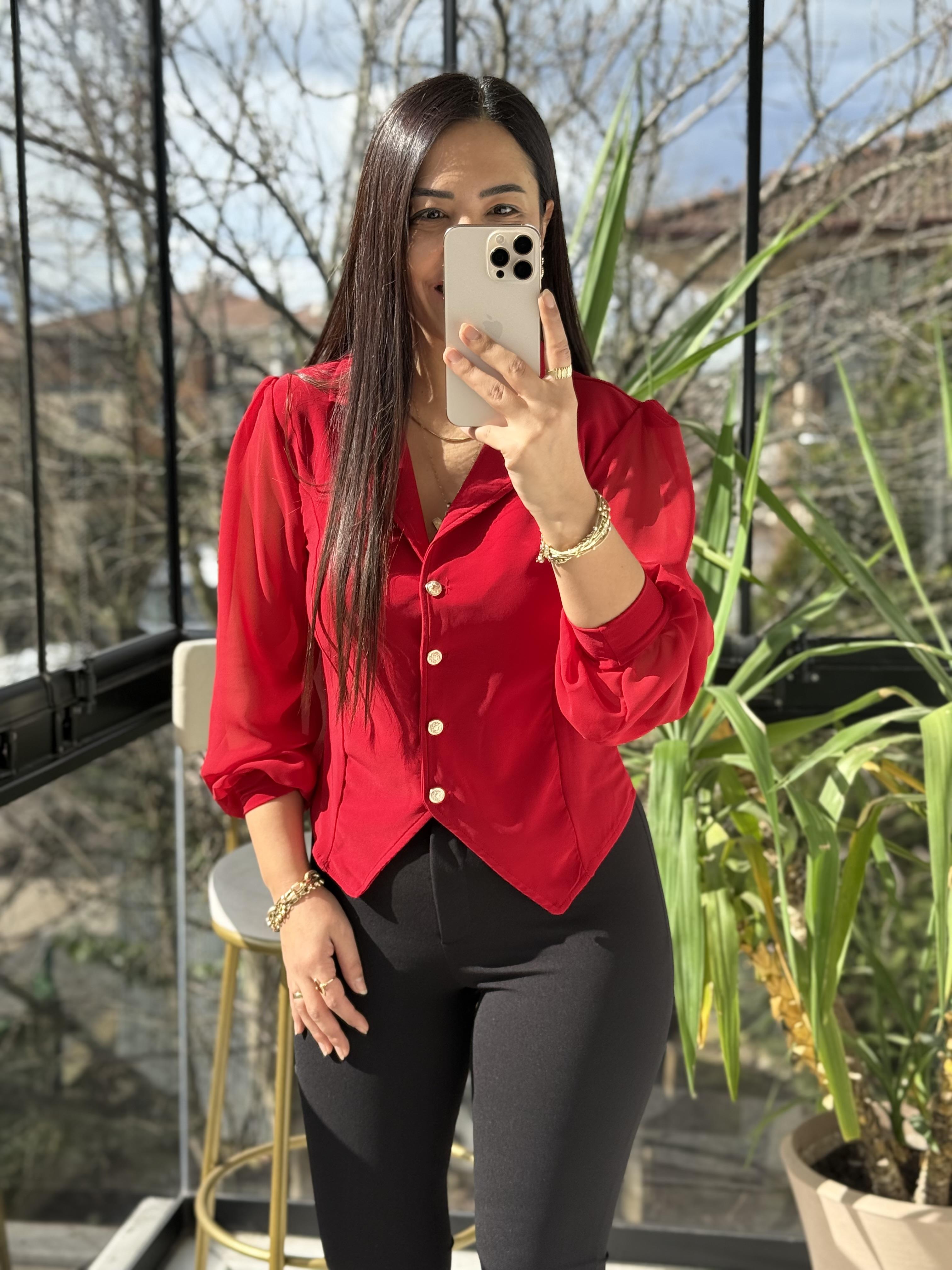 Kolları Tül Detaylı Bluz Kırmızı