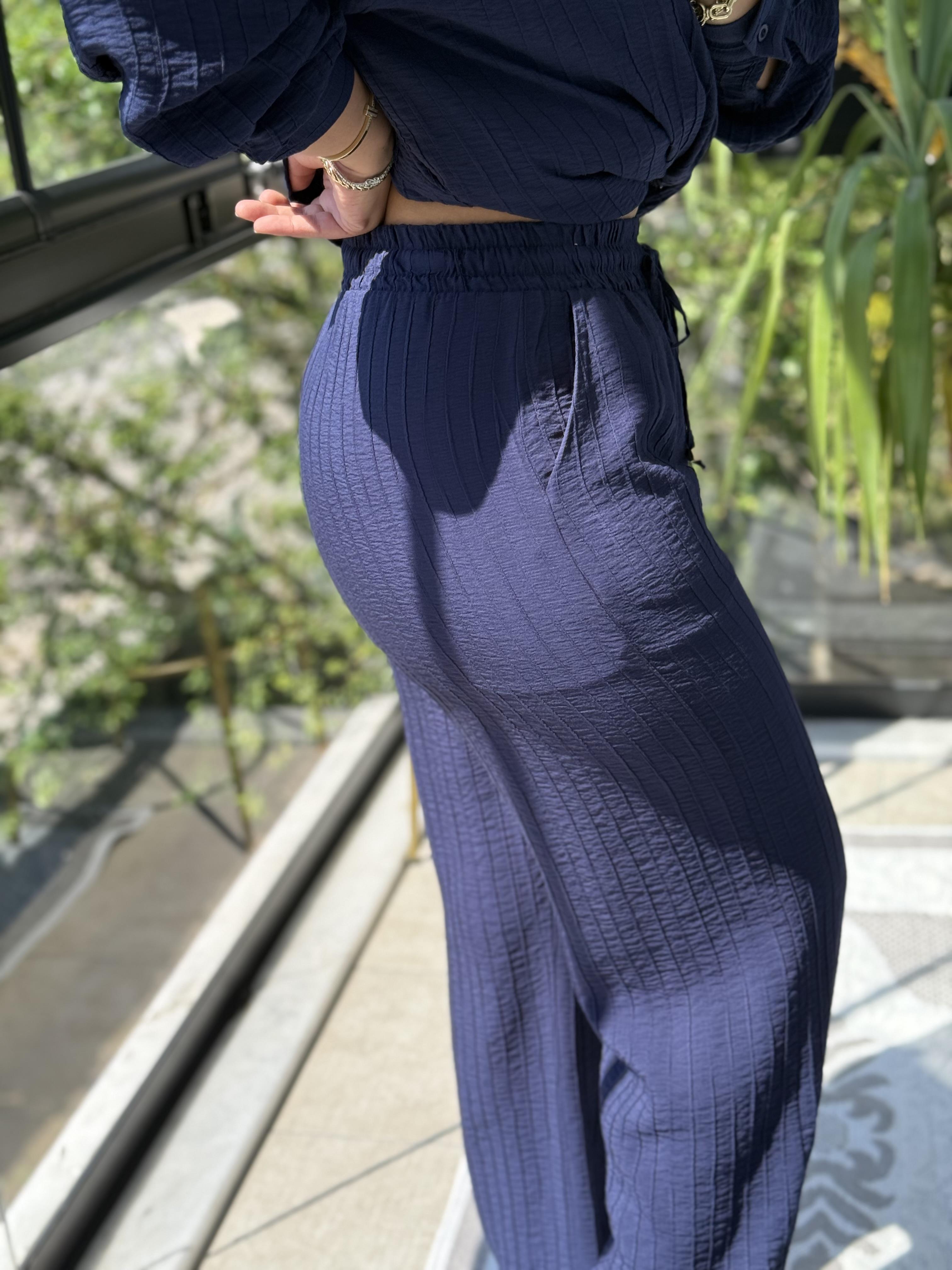 Dikiş Detaylı Palazzo Kumaş Pantolon Lacivert