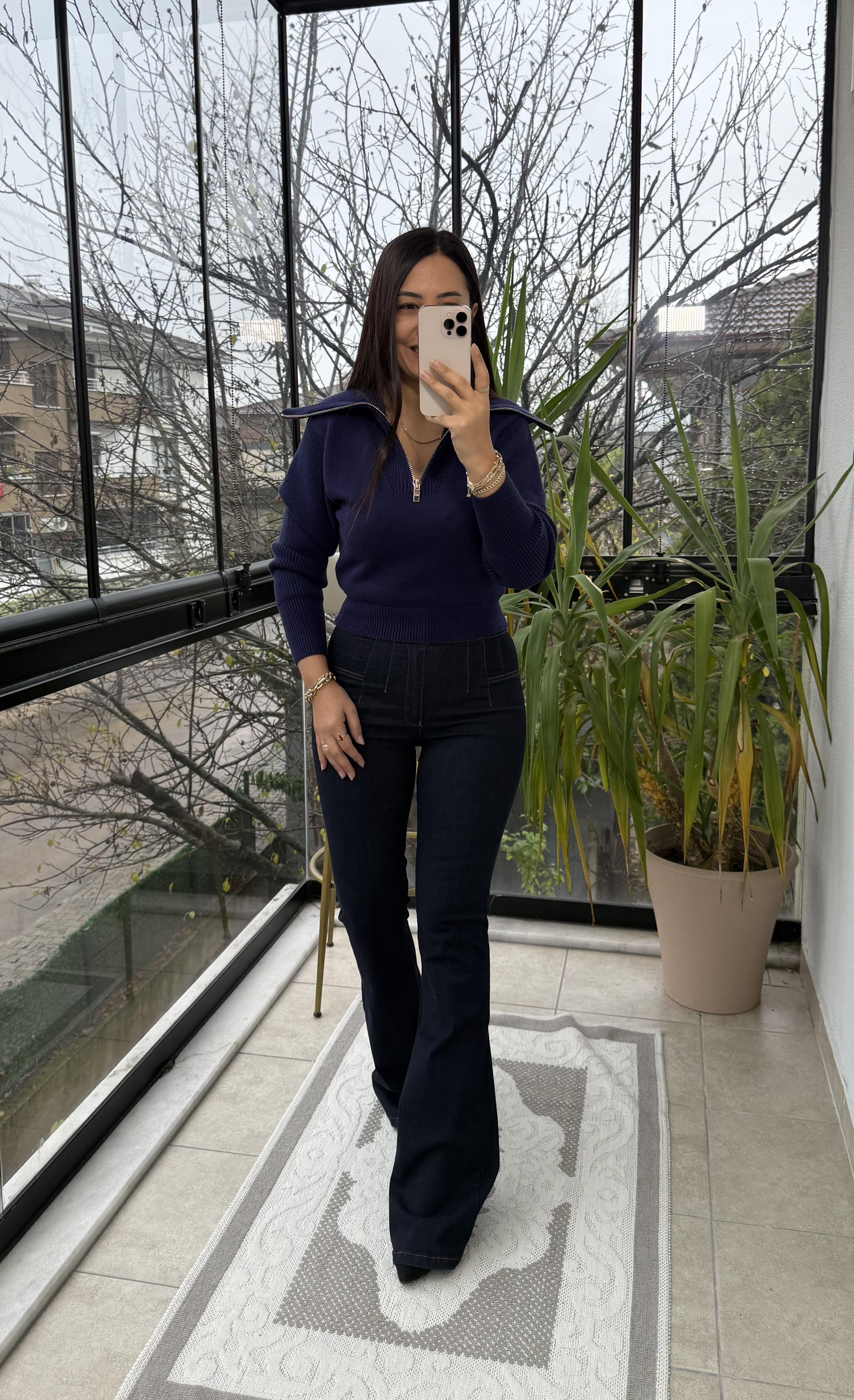 Fermuarlı Crop Triko Kazak Lacivert