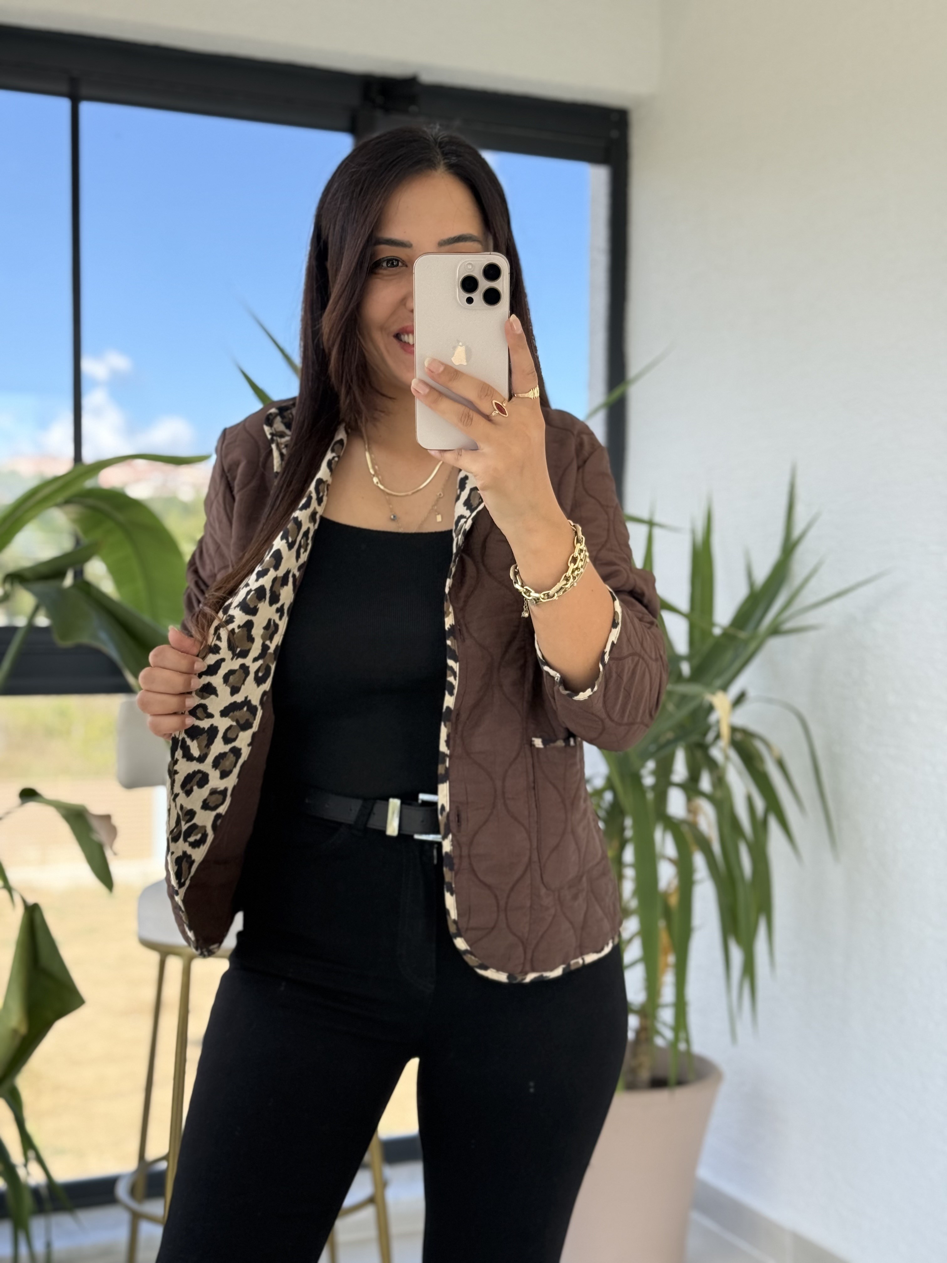 Leopar Biyeli Kapitone Ceket Kahve