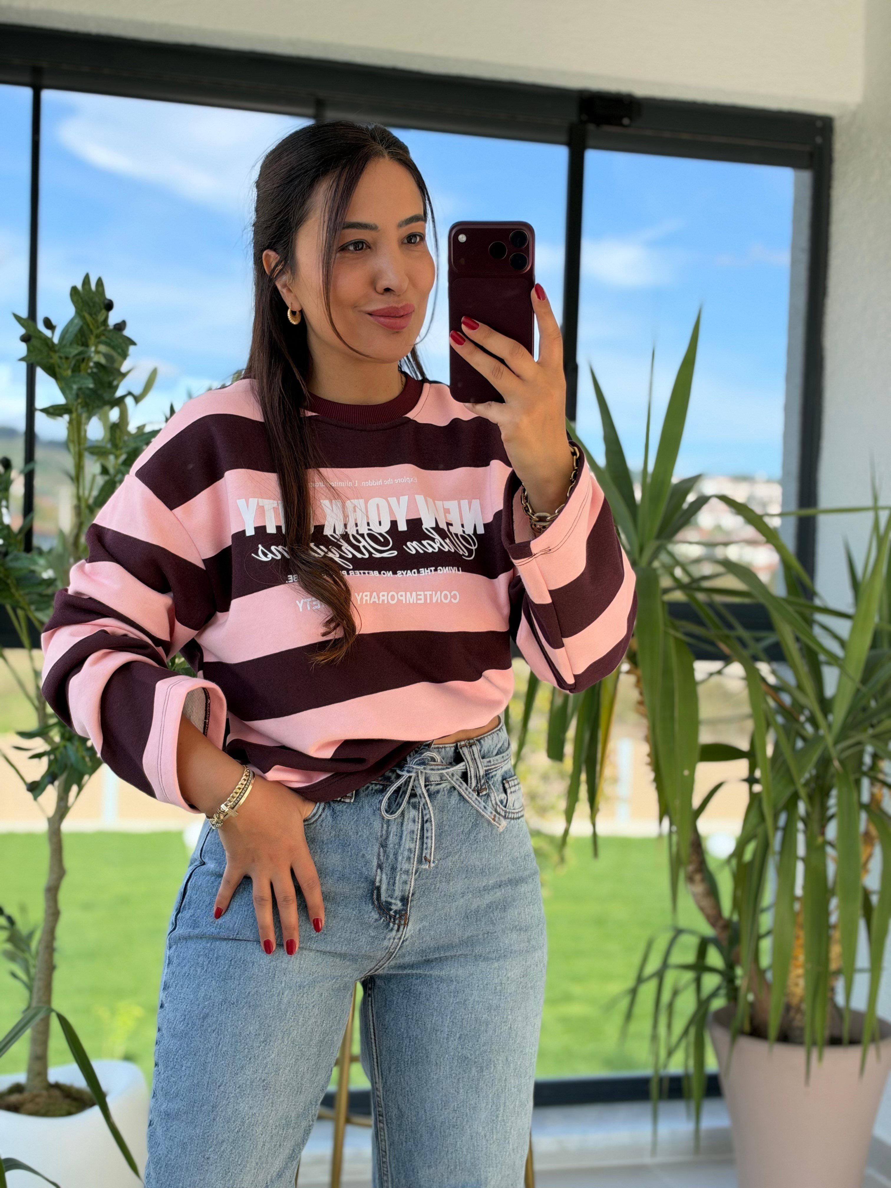 Kalın Çizgili New York Ctiy Sweatshirt Pembe