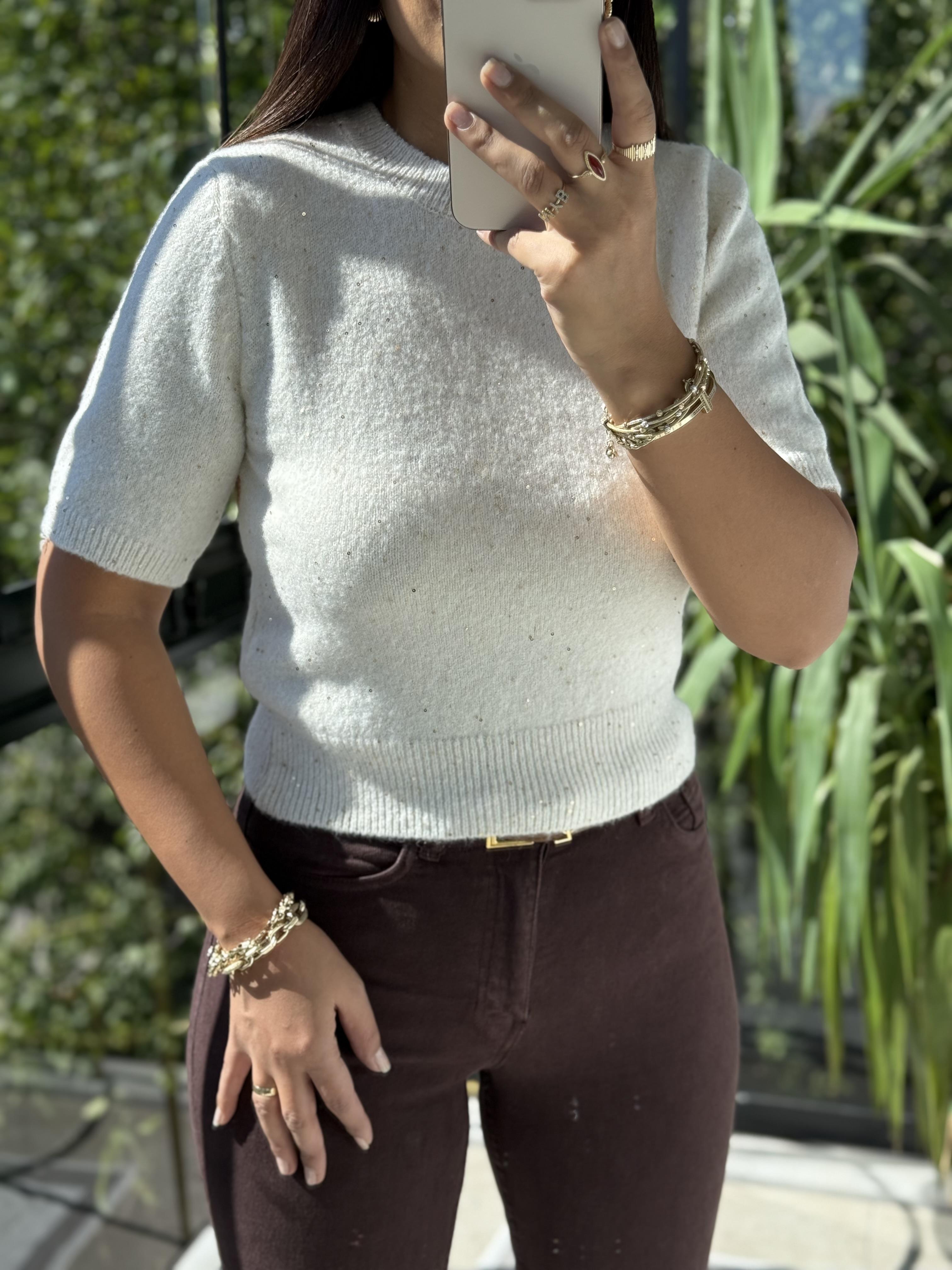 Bisiklet Yaka Pullu Simli Triko Kazak Krem