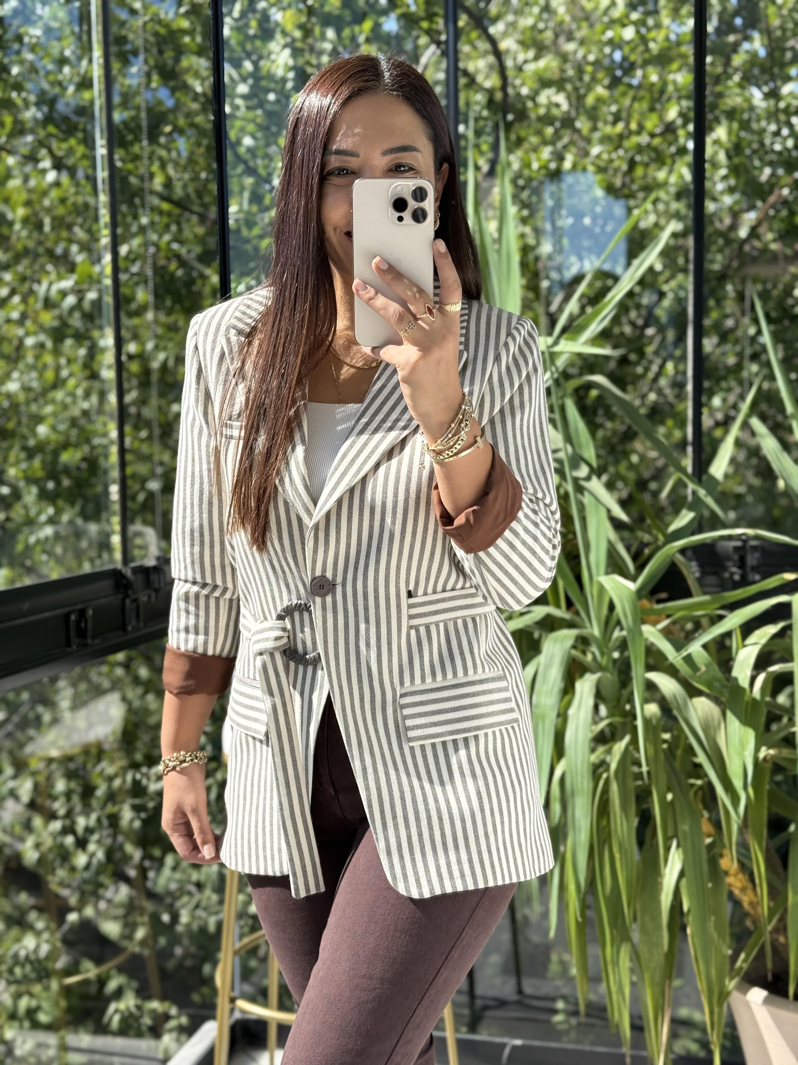 Çizgili Keten Ceket Kahve