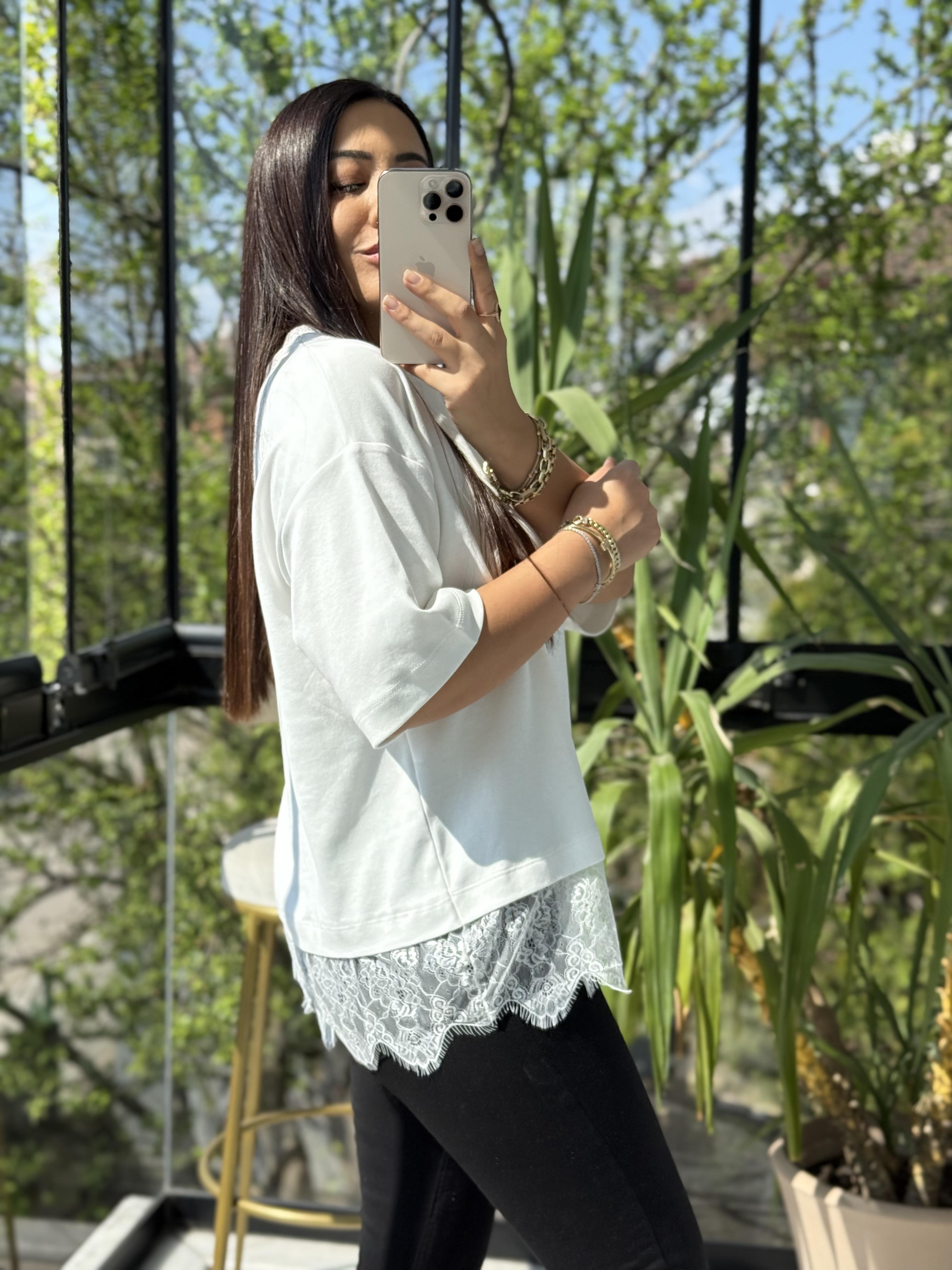 Altı Dantelli Pamuklu Tişört Beyaz