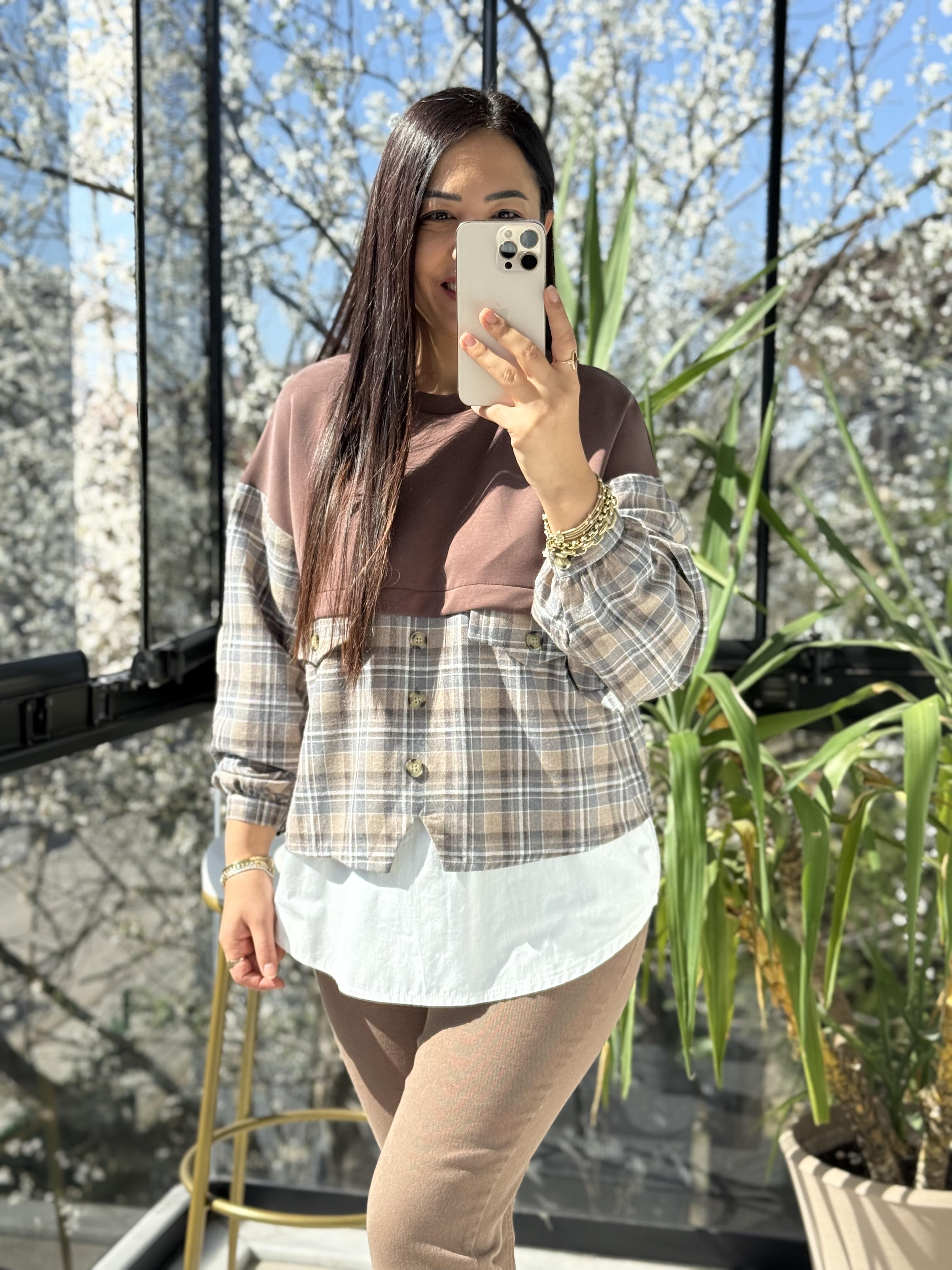 Mix kumaş Sweat Gömlek Kahve