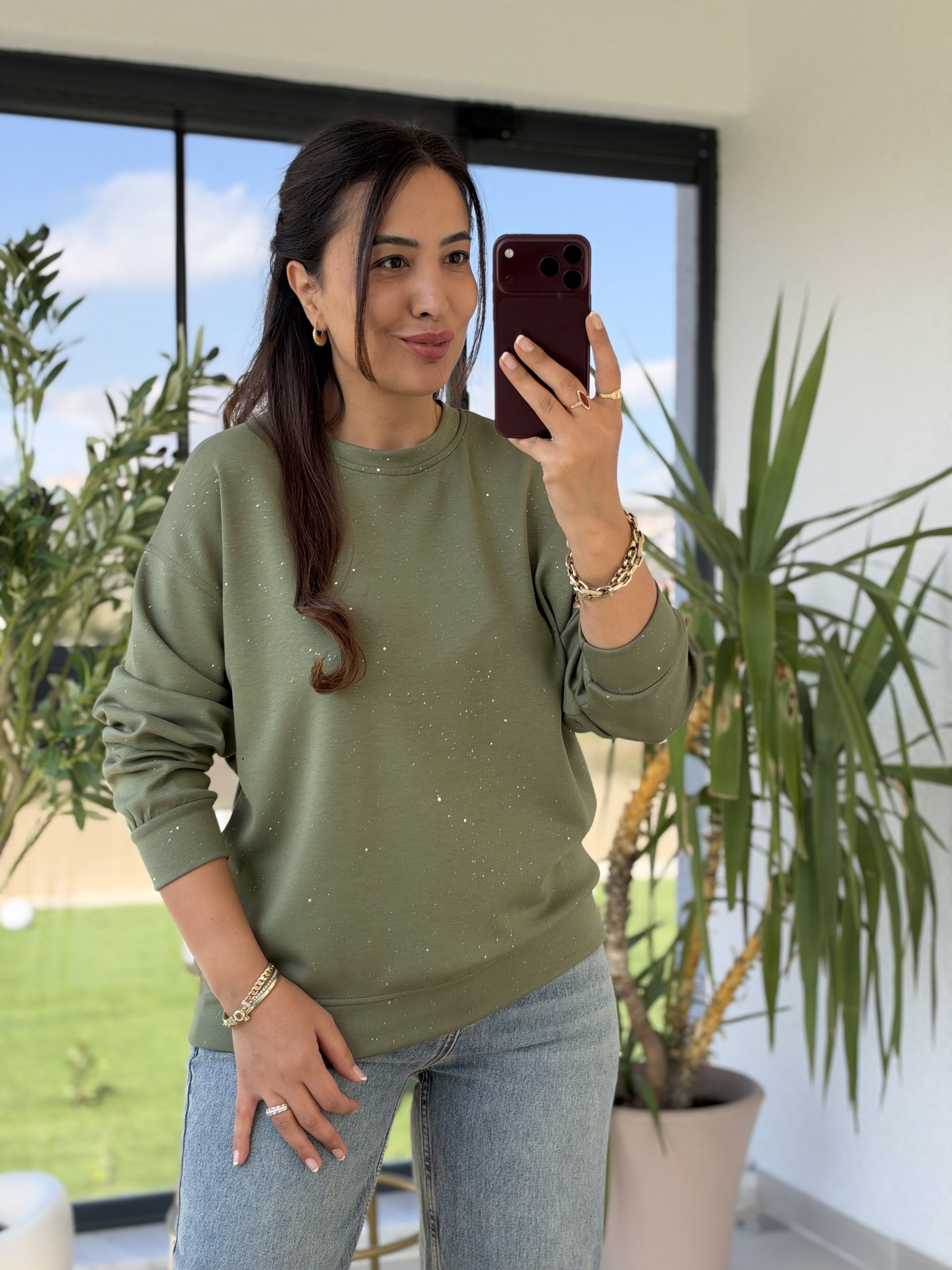Simli Oysh Sweatshirt Haki Yeşili