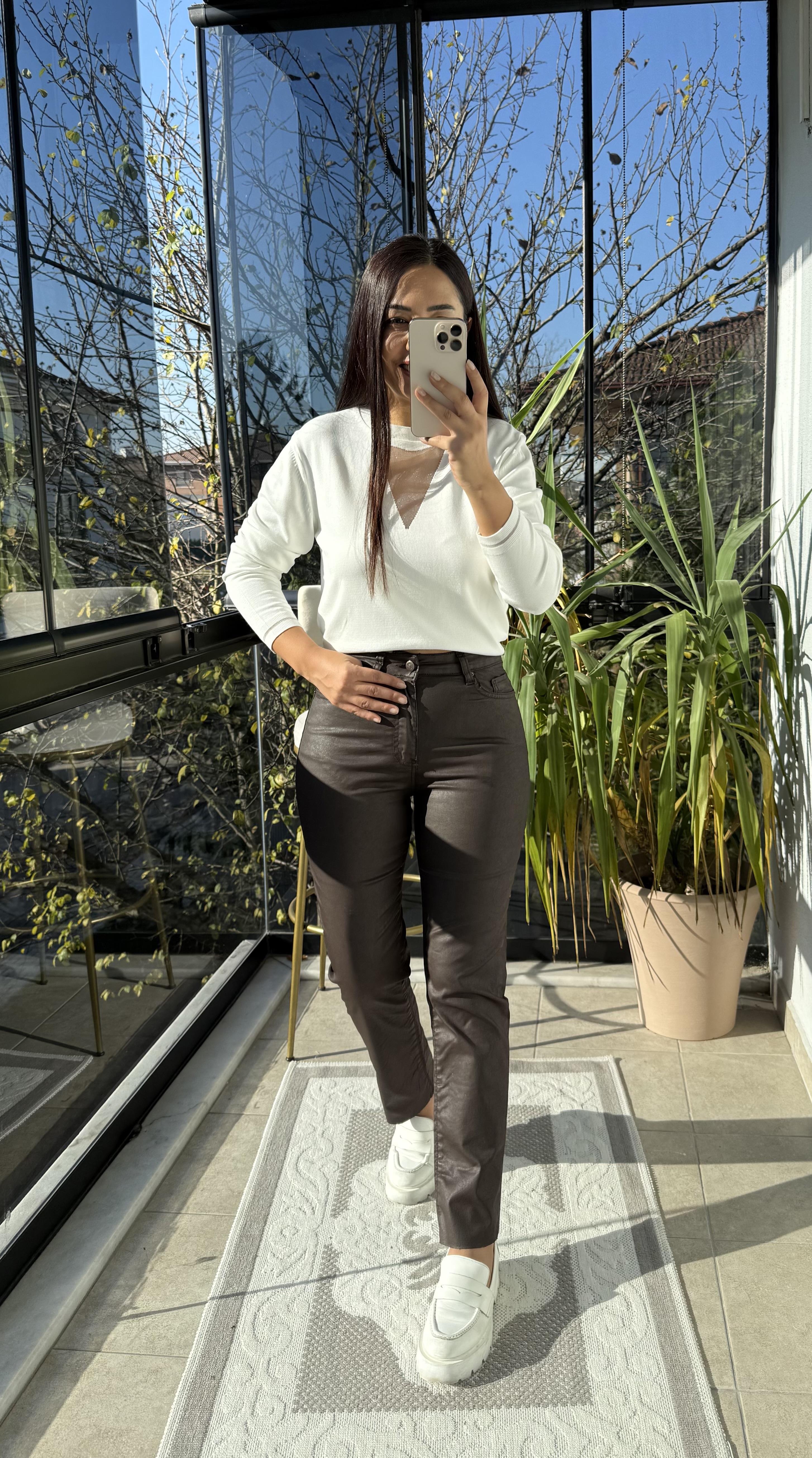 Deri Mum Kaplama Kesik Paça Jean Kahve