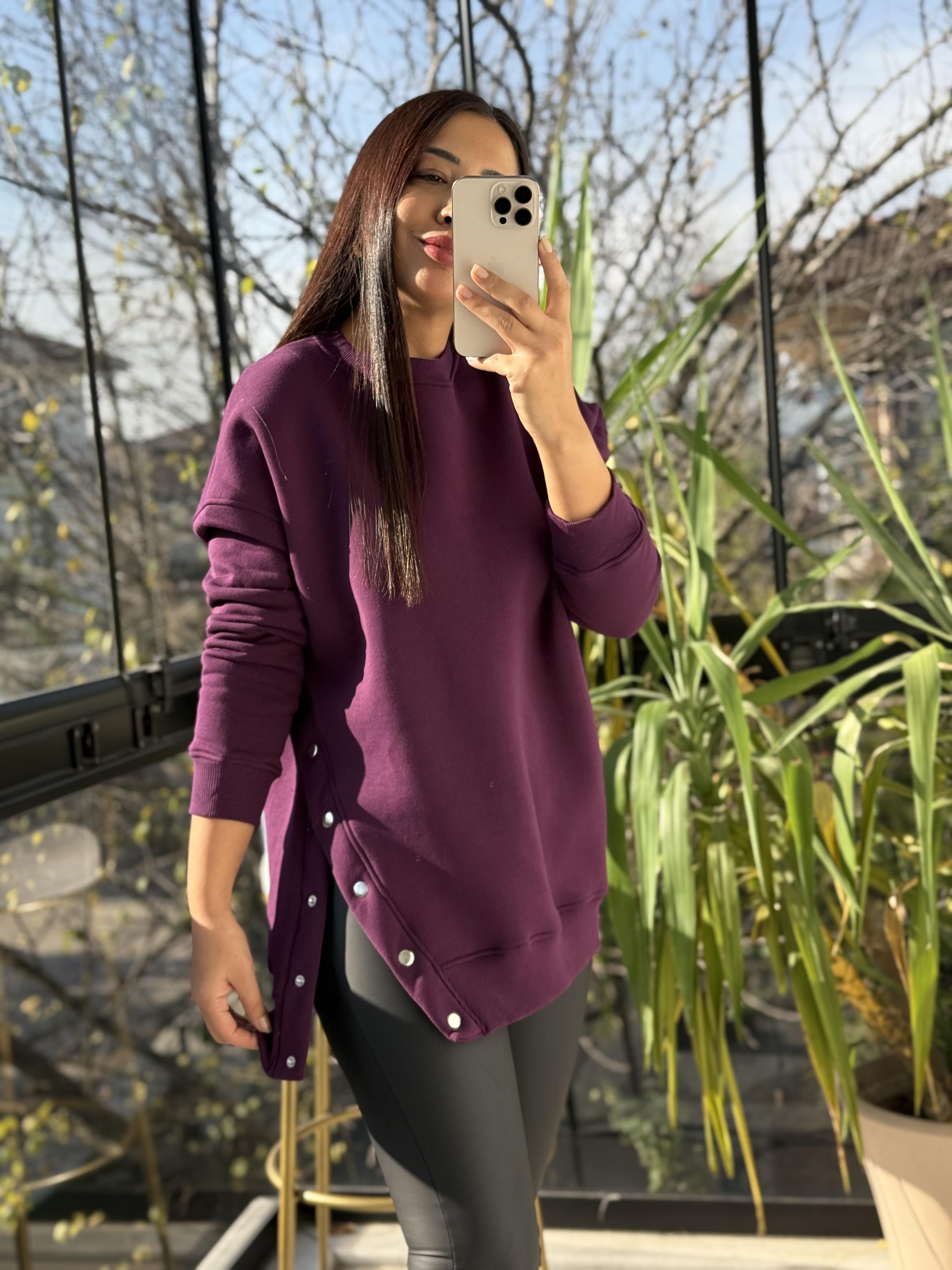 Yanı Çıtçıtlı Sweatshirt Mürdüm
