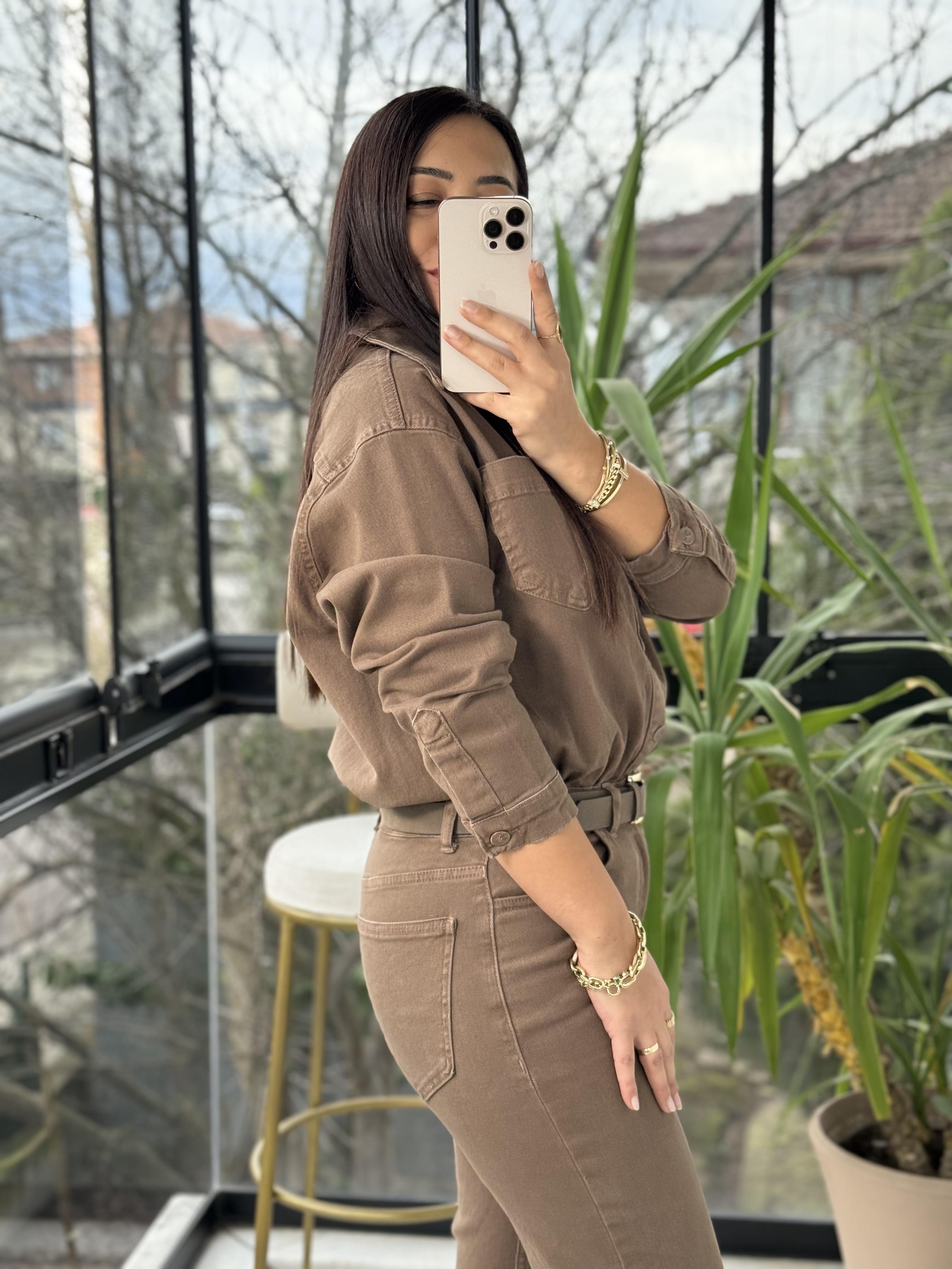 Beli Büzgülü Klasik Kot Tulum Vizon