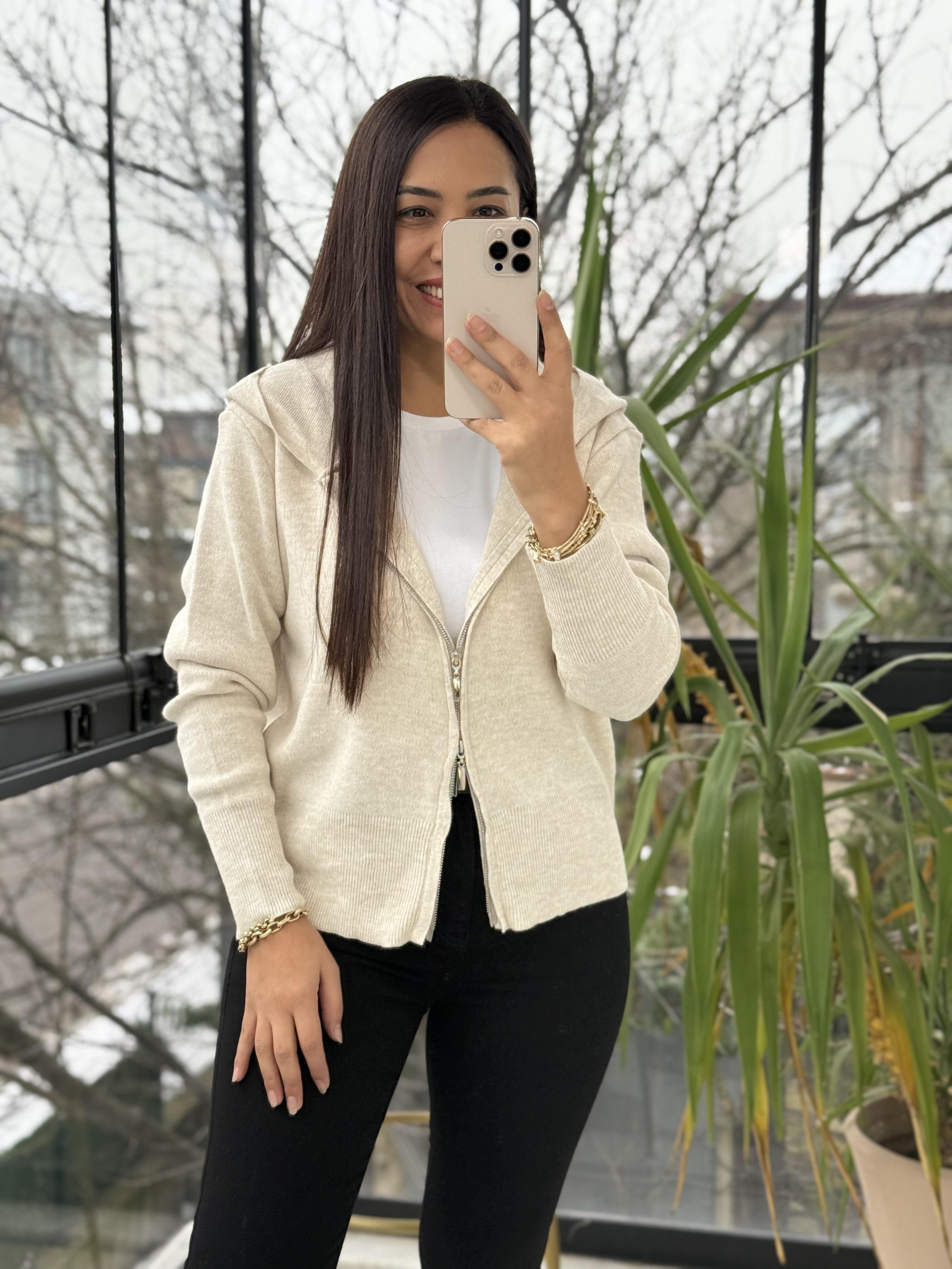 Çift Fermuarlı Kapüşonlu Yumoş Basic Hırka Krem