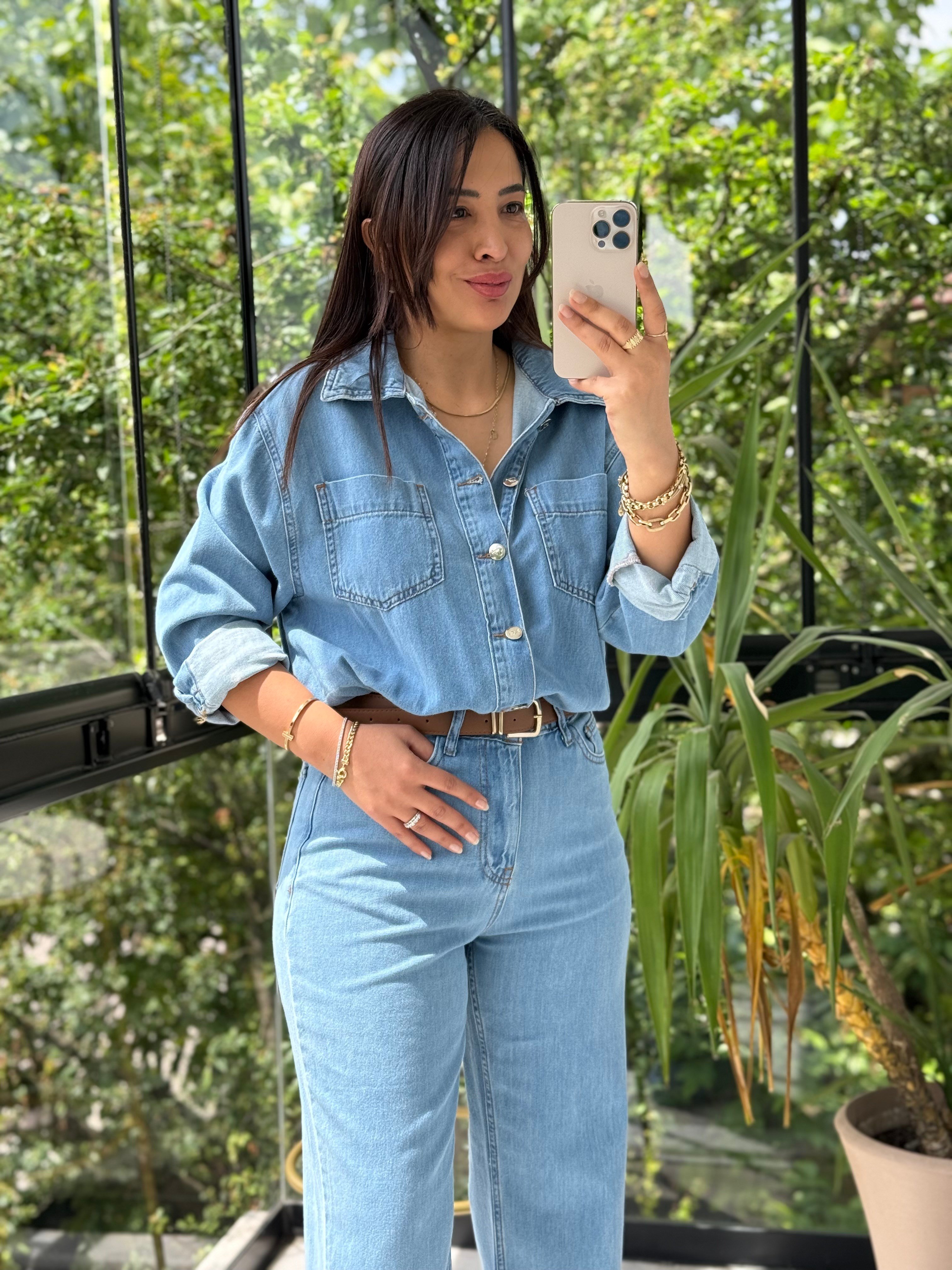 Beli Büzgülü İnce Tulum Mavi
