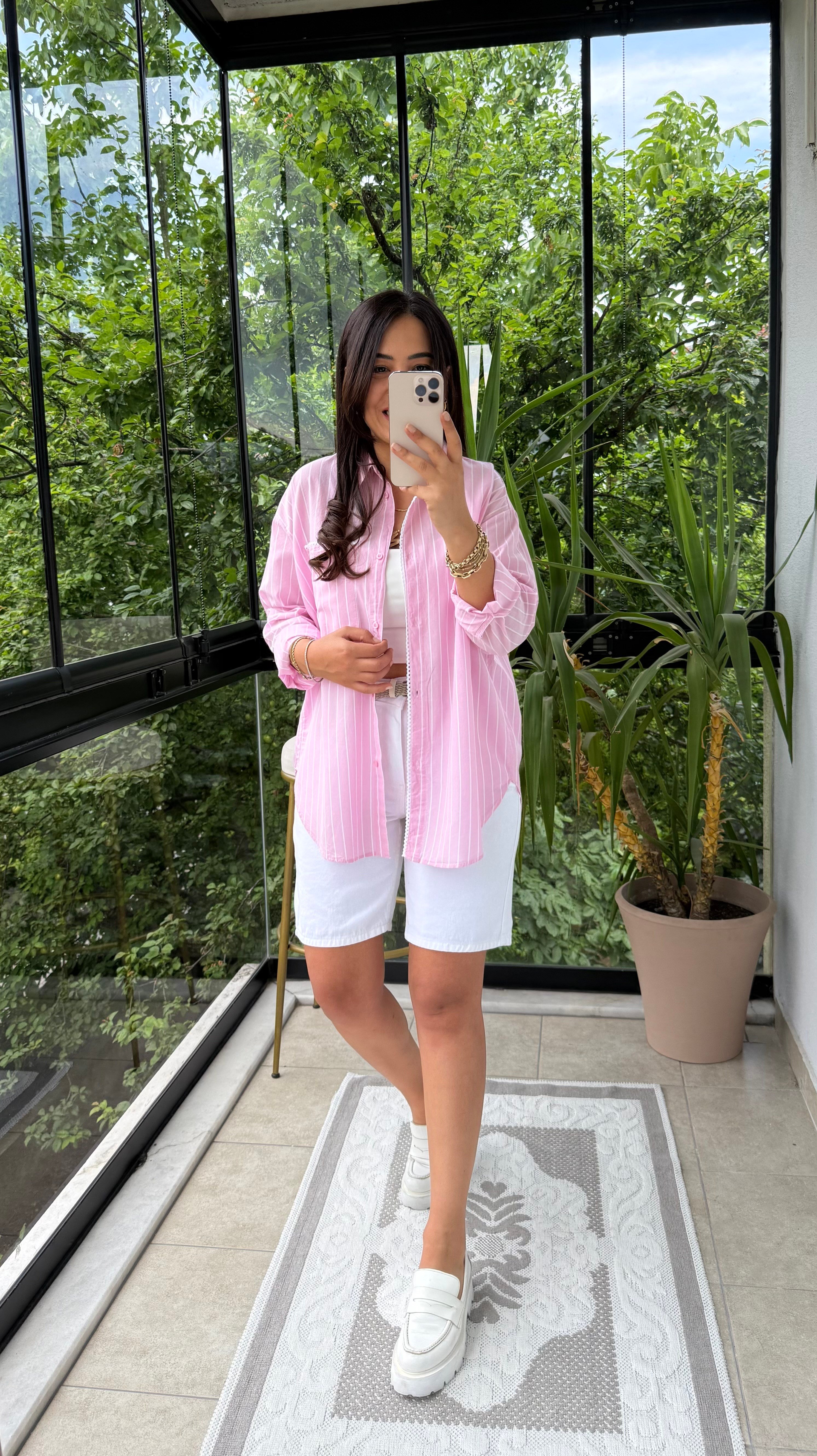 Motif Çizgili Cepli Gömlek Pembe