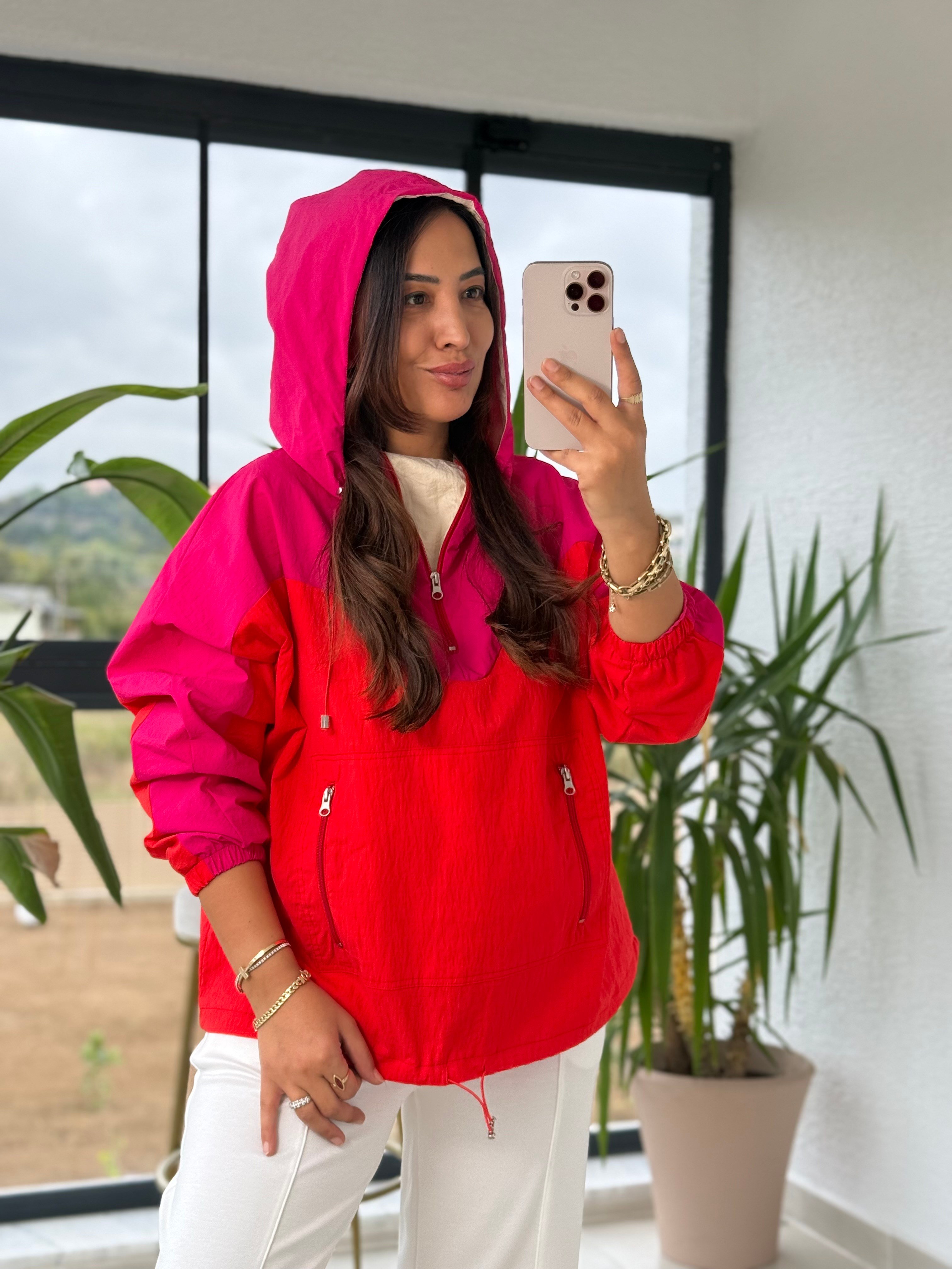 Renk Geçişli Fermuarlı Rüzgarlık Sweatshirt Pembe