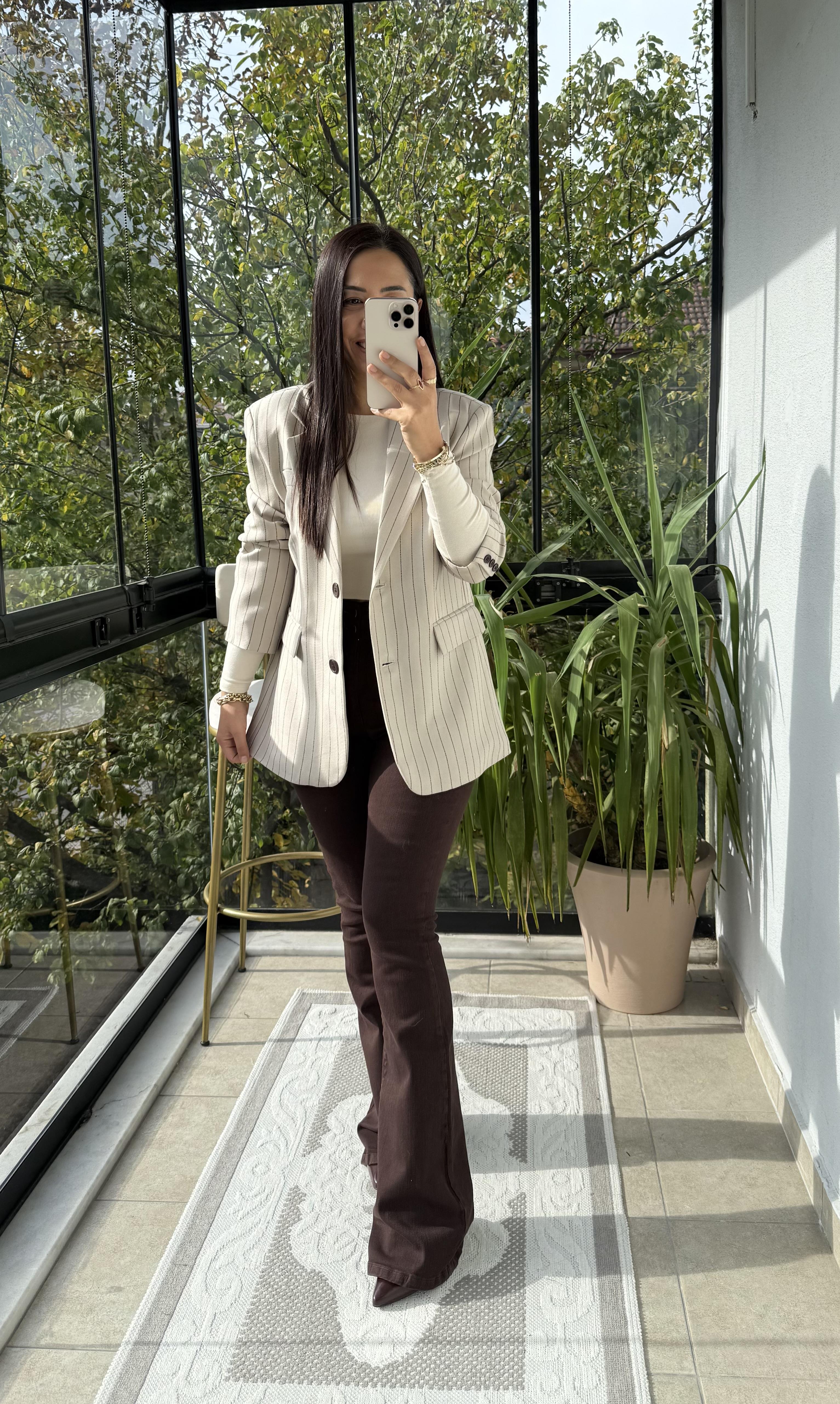 İki Düğmeli Çizgili Yün Blazer Ceket Bej