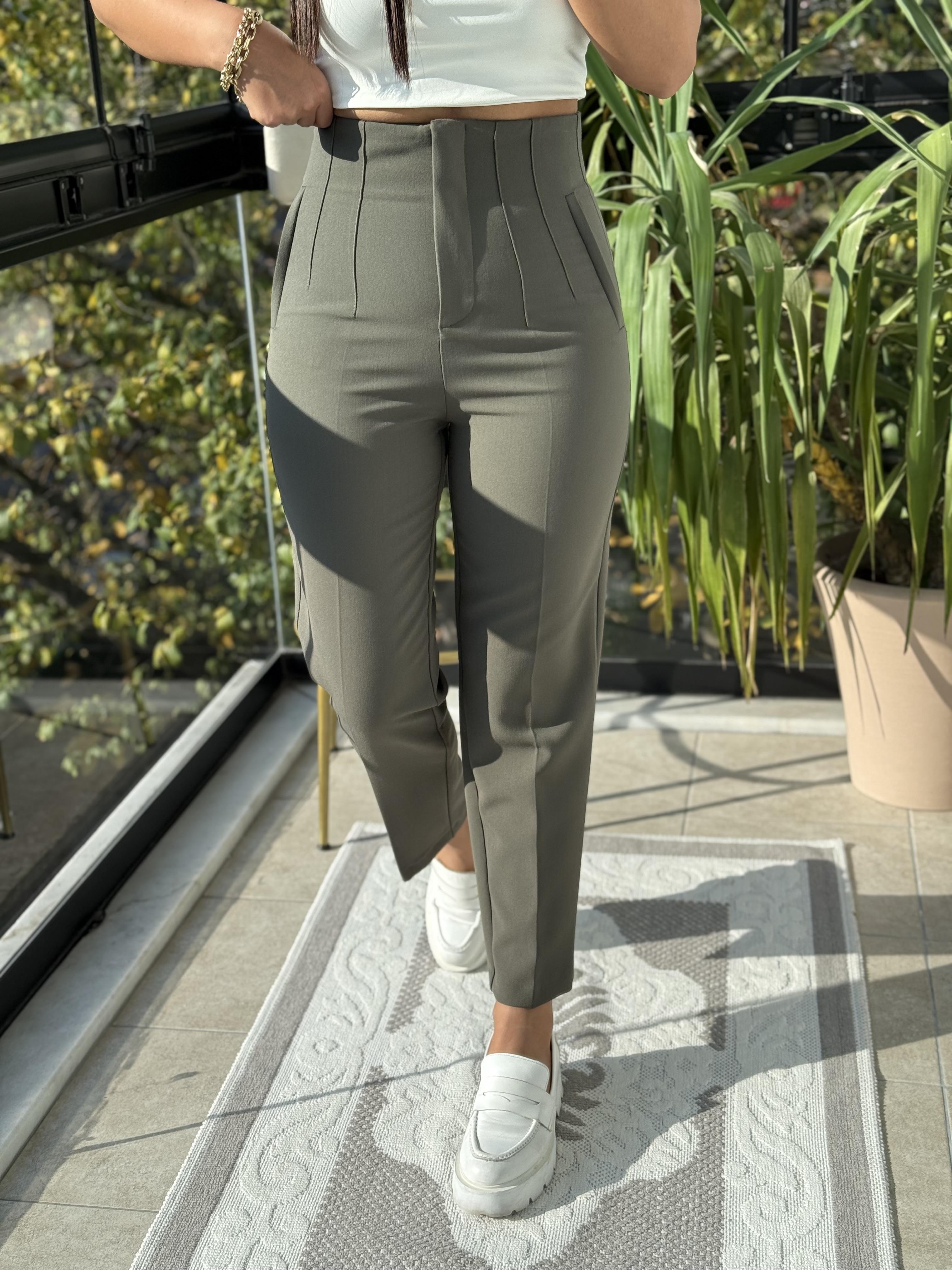 Düğmesiz Zra Model Kumaş Pantolon Haki Yeşili