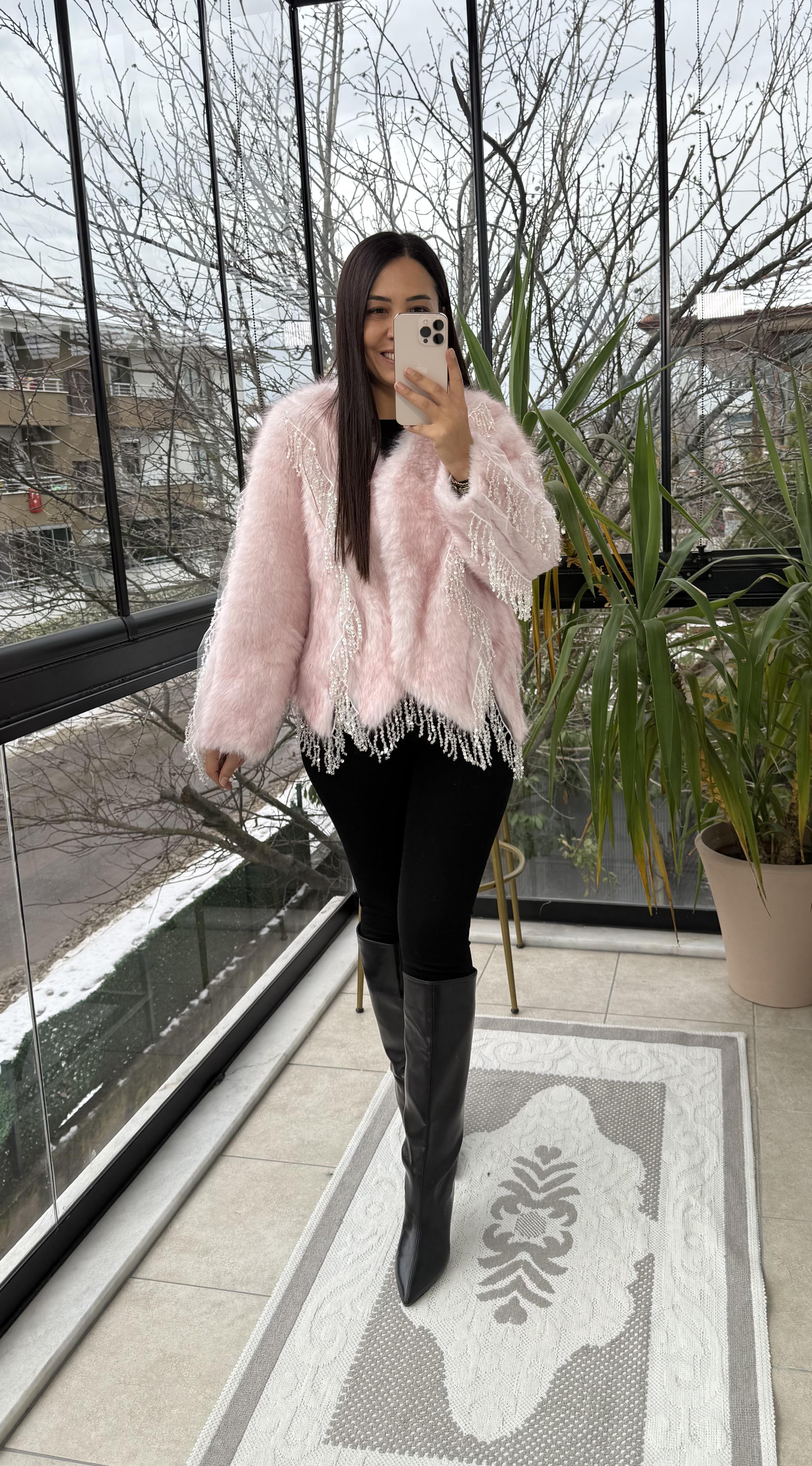 İthal Sallantılı Payetli Kürklü Ceket Pembe