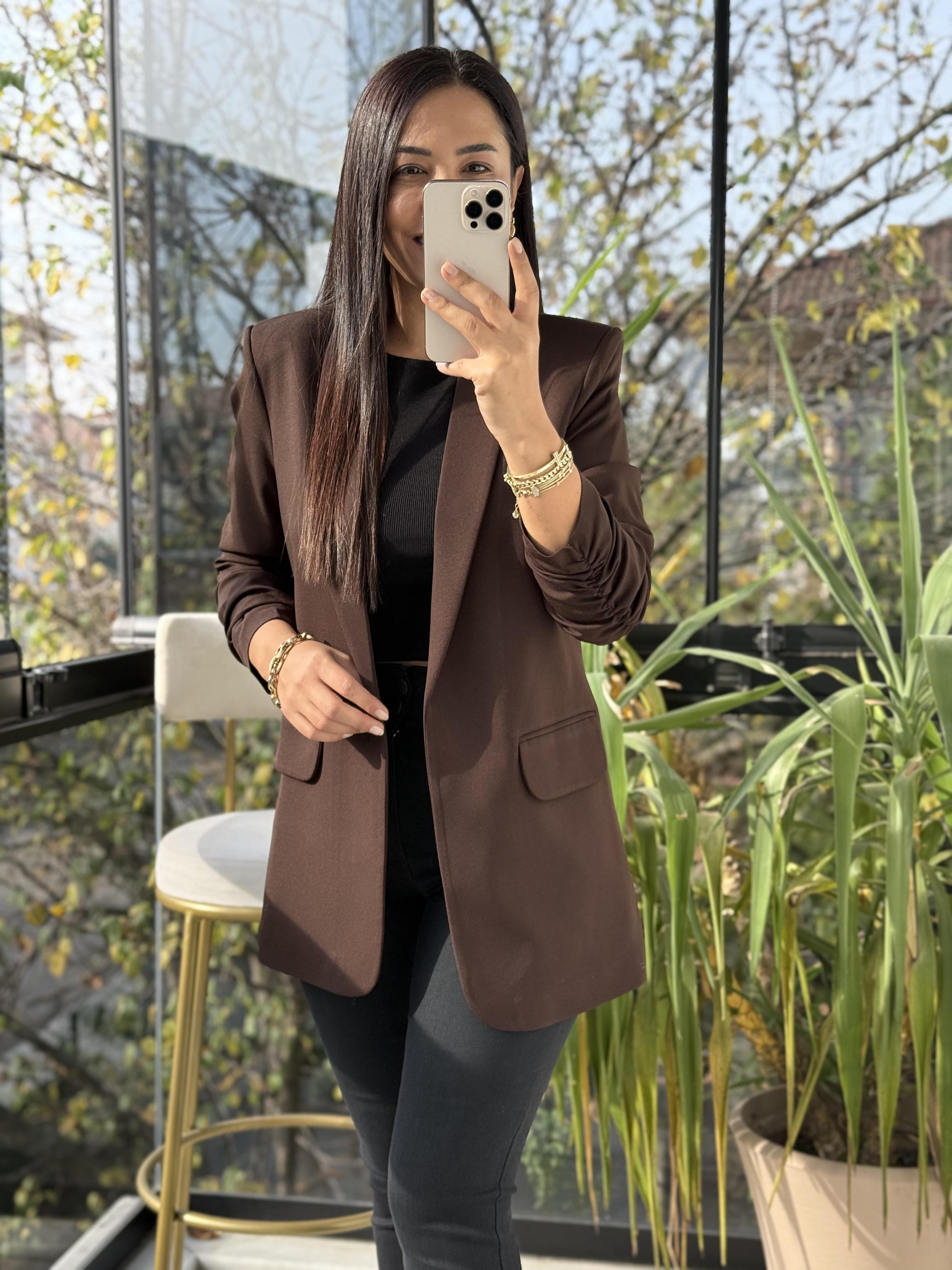 Kolu Büzgülü Blazer Ceket Kahve