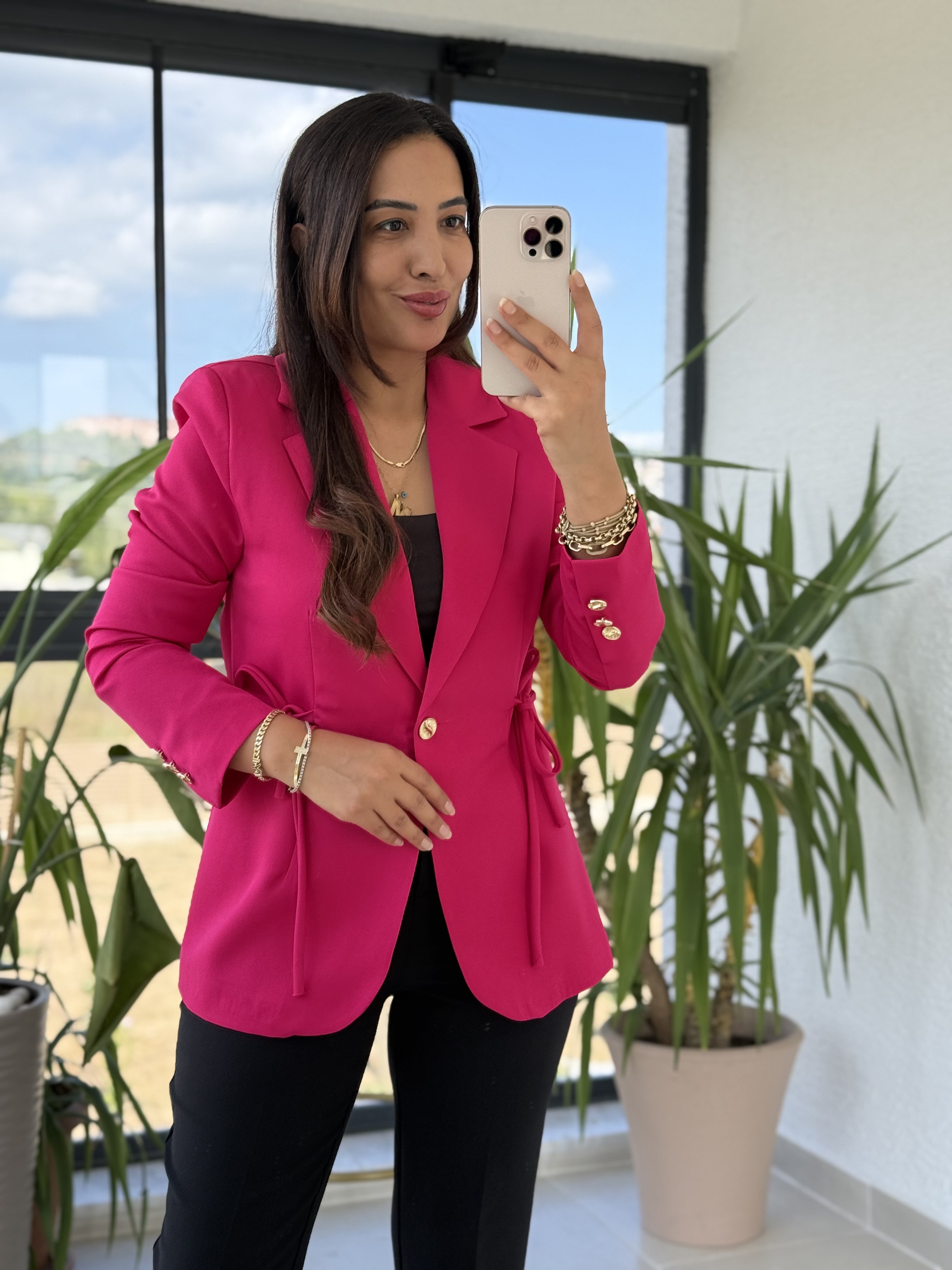 Yanı Bağcıklı Slim Blazer Ceket Fuşya