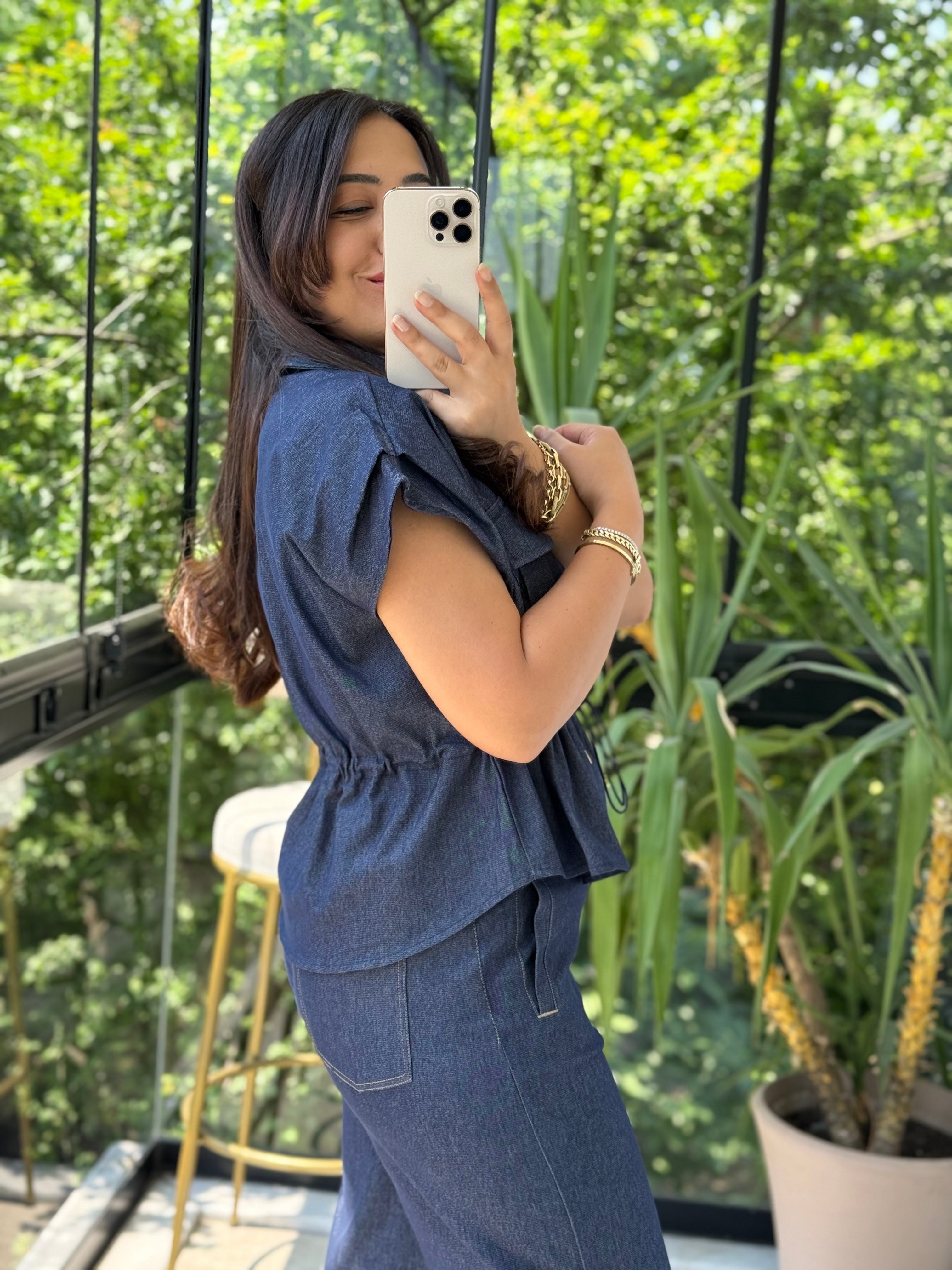 Gold Düğme Denim Gömlek Mavi
