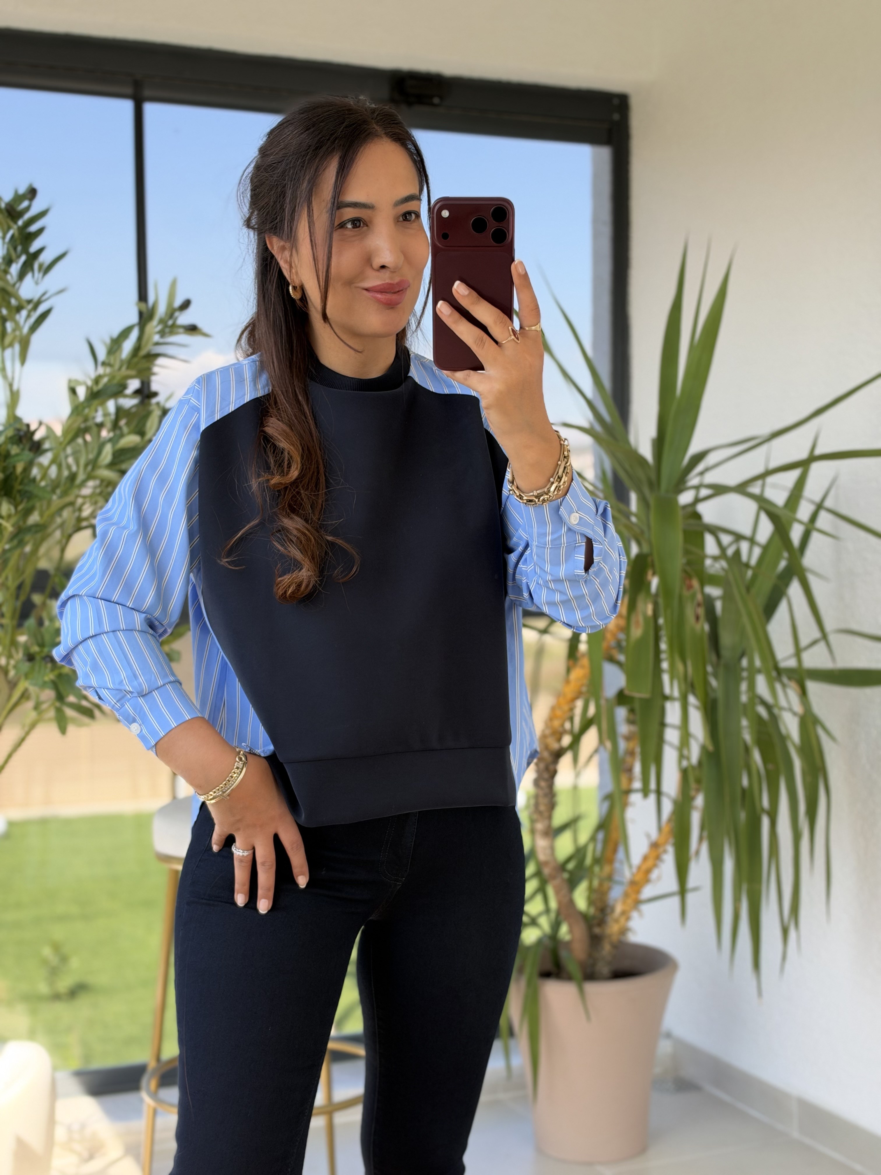 Kolu Ve Arkası Çizgili Poplin Modal Sweatshirt Lacivert