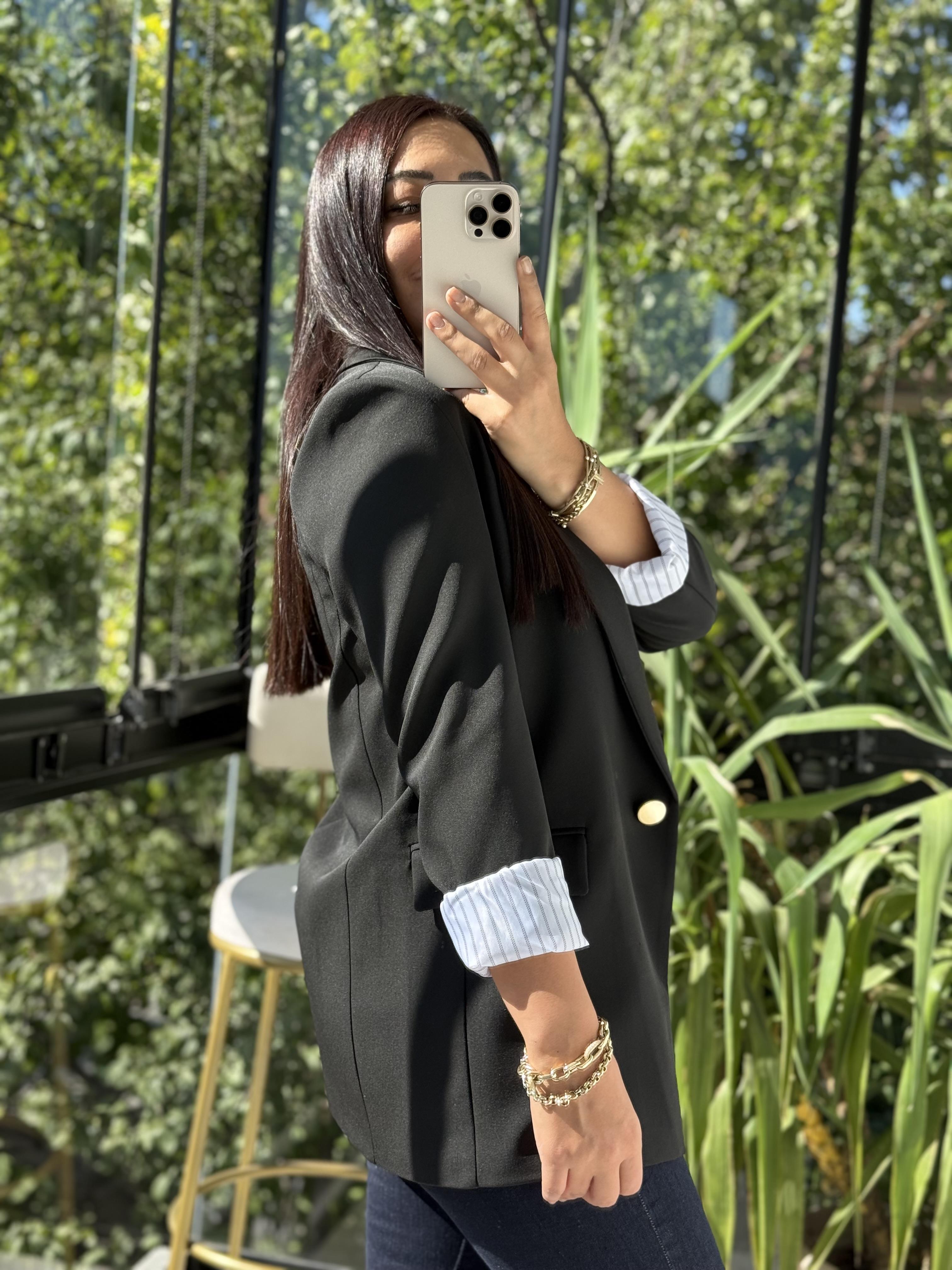 Kol Astarı Garnili Tek Düğme Blazer Ceket Siyah
