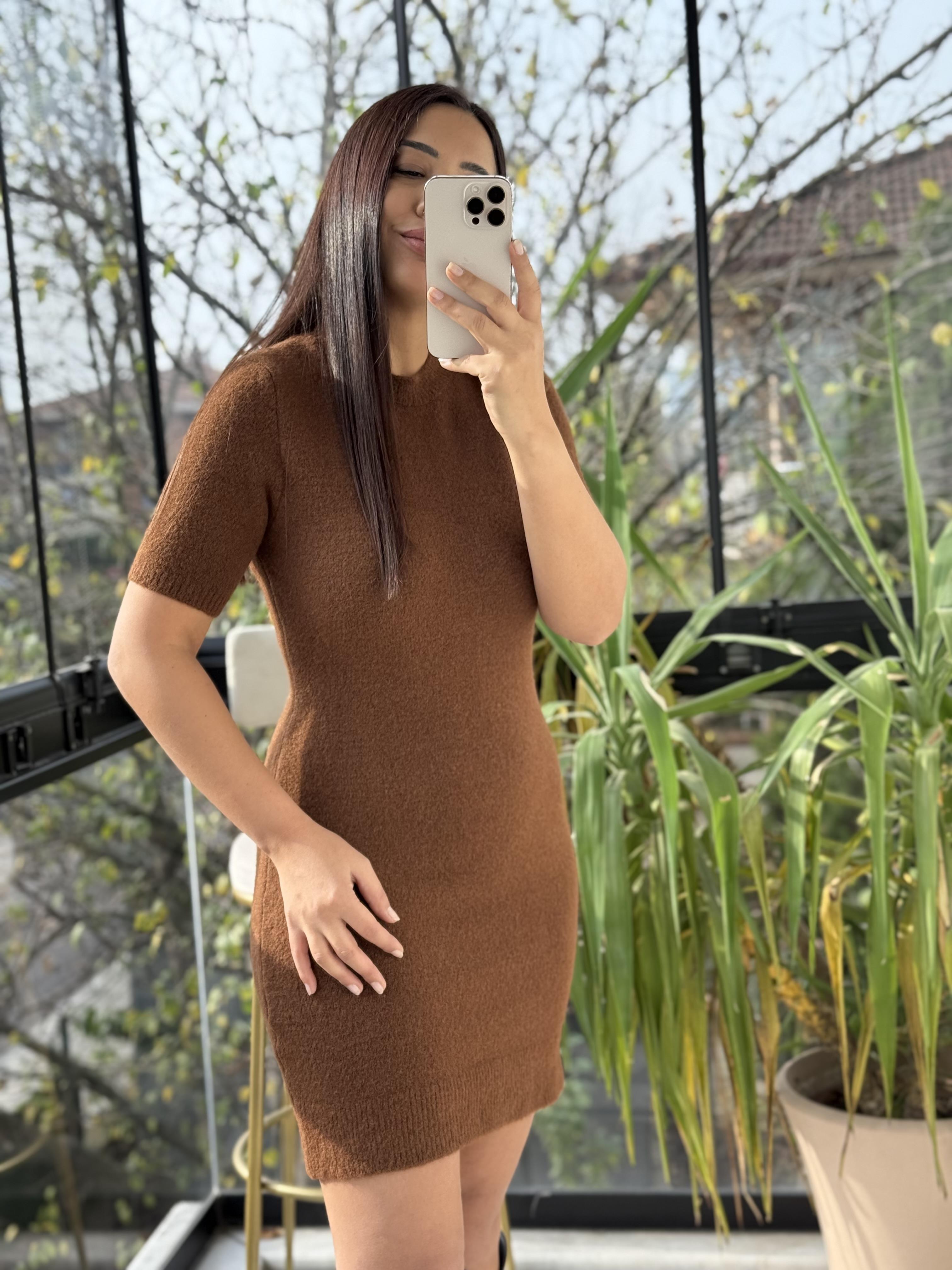 Yumoş Kısa Kol Elbise Kahve