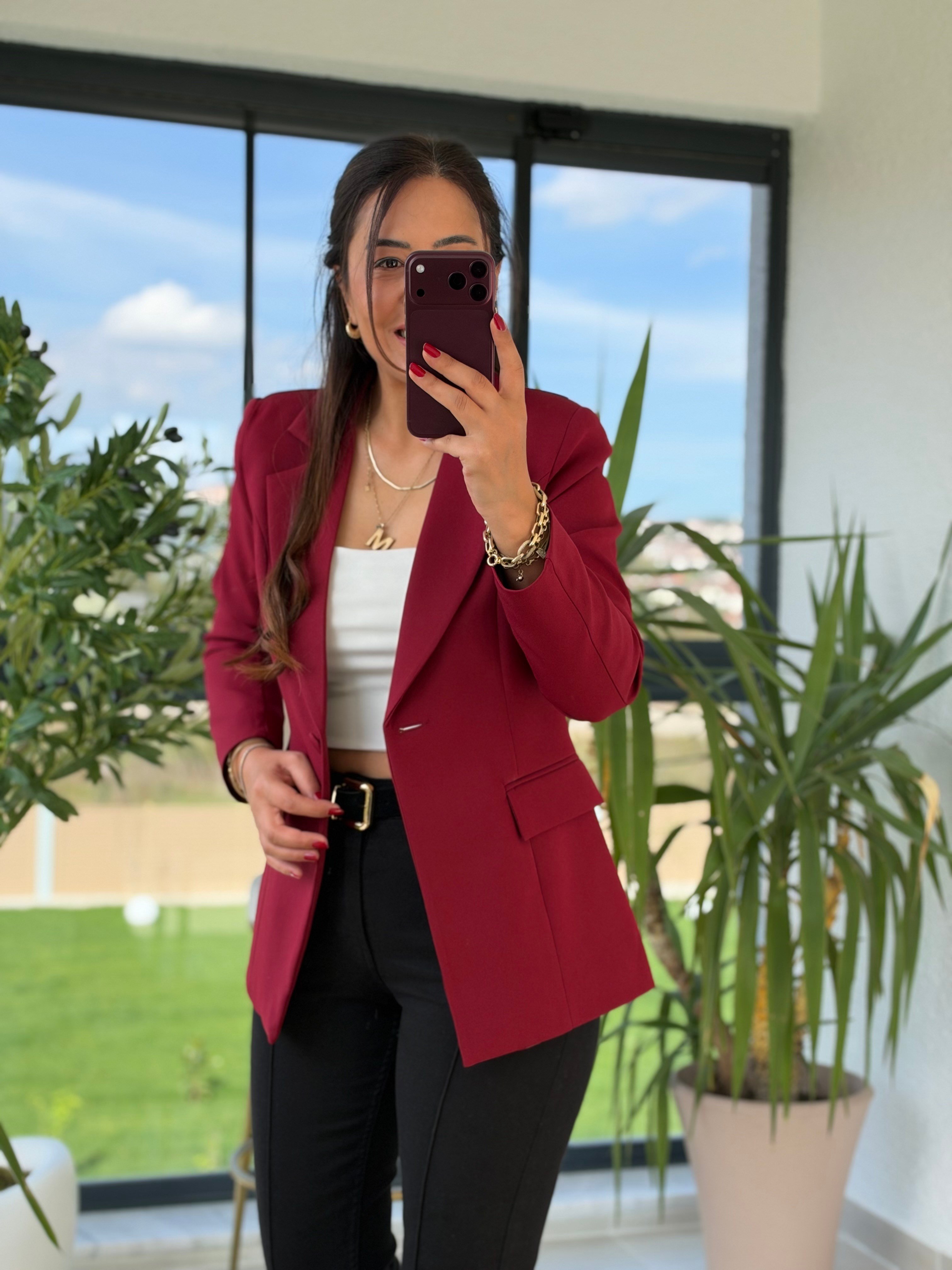 Tek Düğme Blazer Ceket Bordo