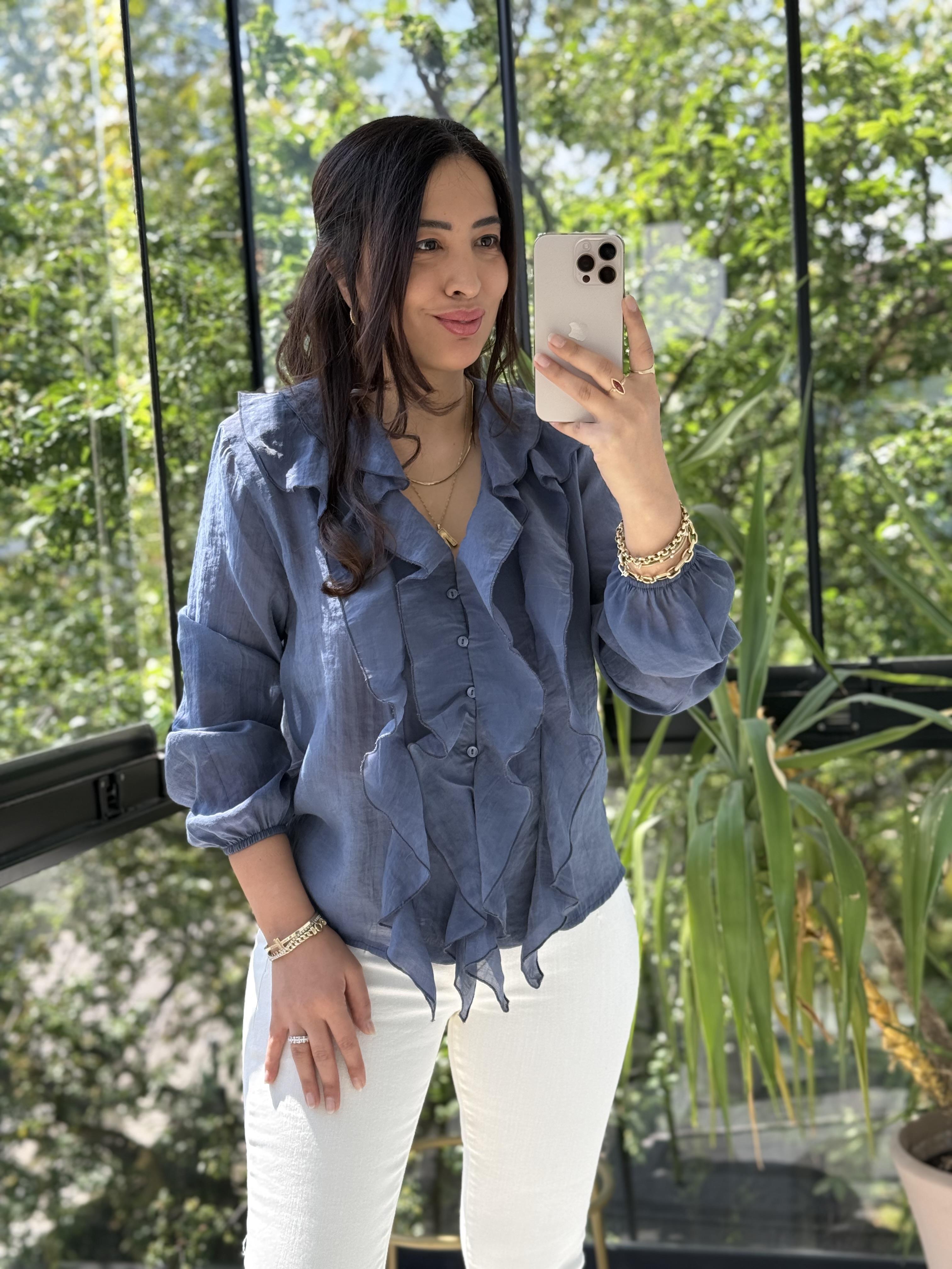 V Yaka Önü Fırfırlı Bluz İndigo Mavi