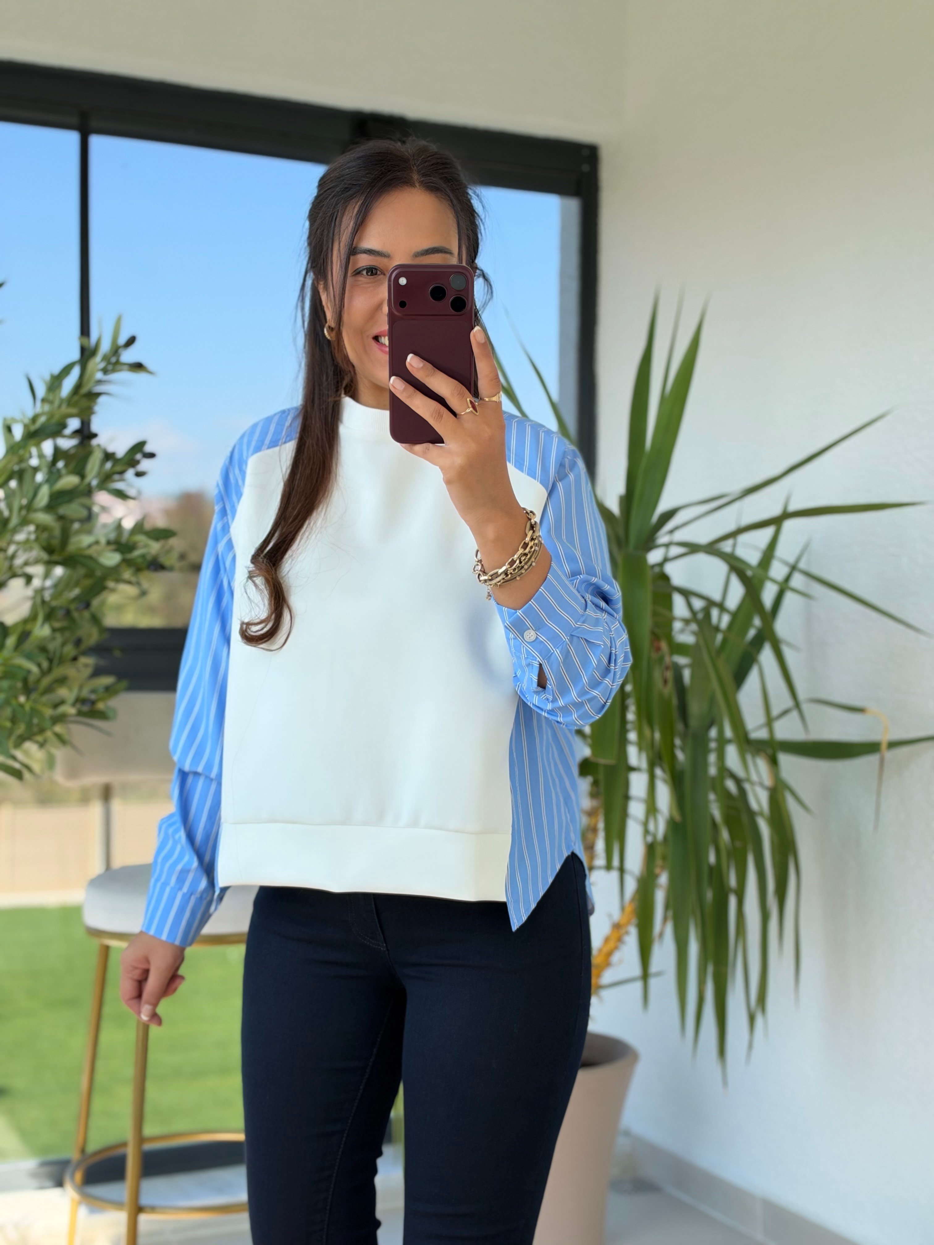 Kolu Ve Arkası Çizgili Poplin Modal Sweatshirt Beyaz
